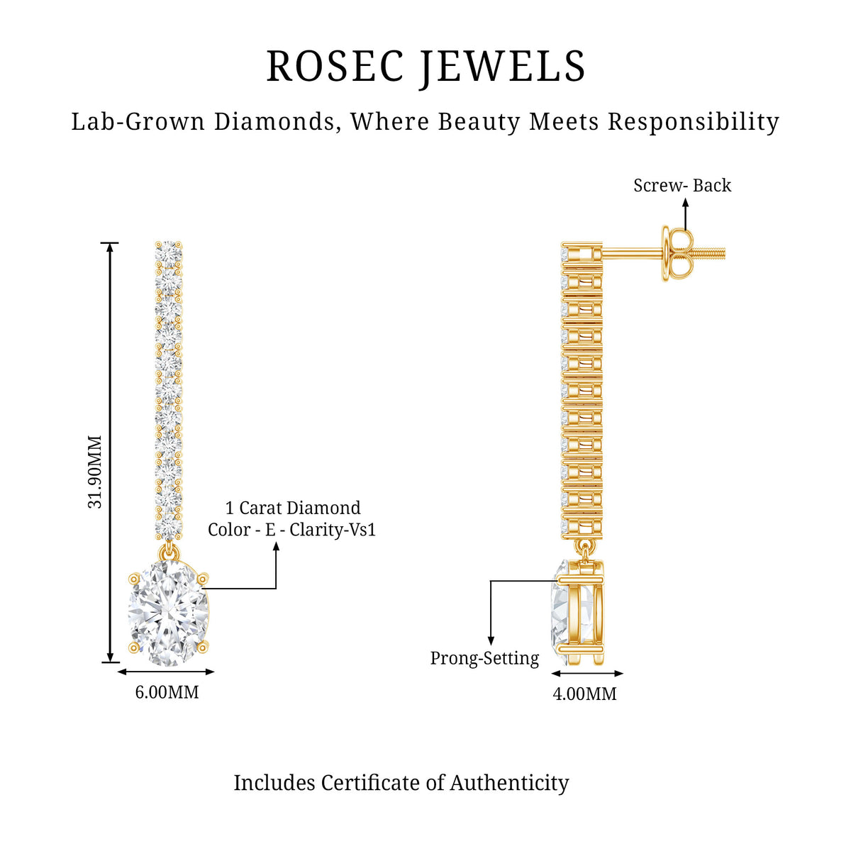 2 Carat Lab Grown Diamond Bridal Drop Earrings with IGI Certificate Lab - ( E-VS1 ) - Rosec Jewels