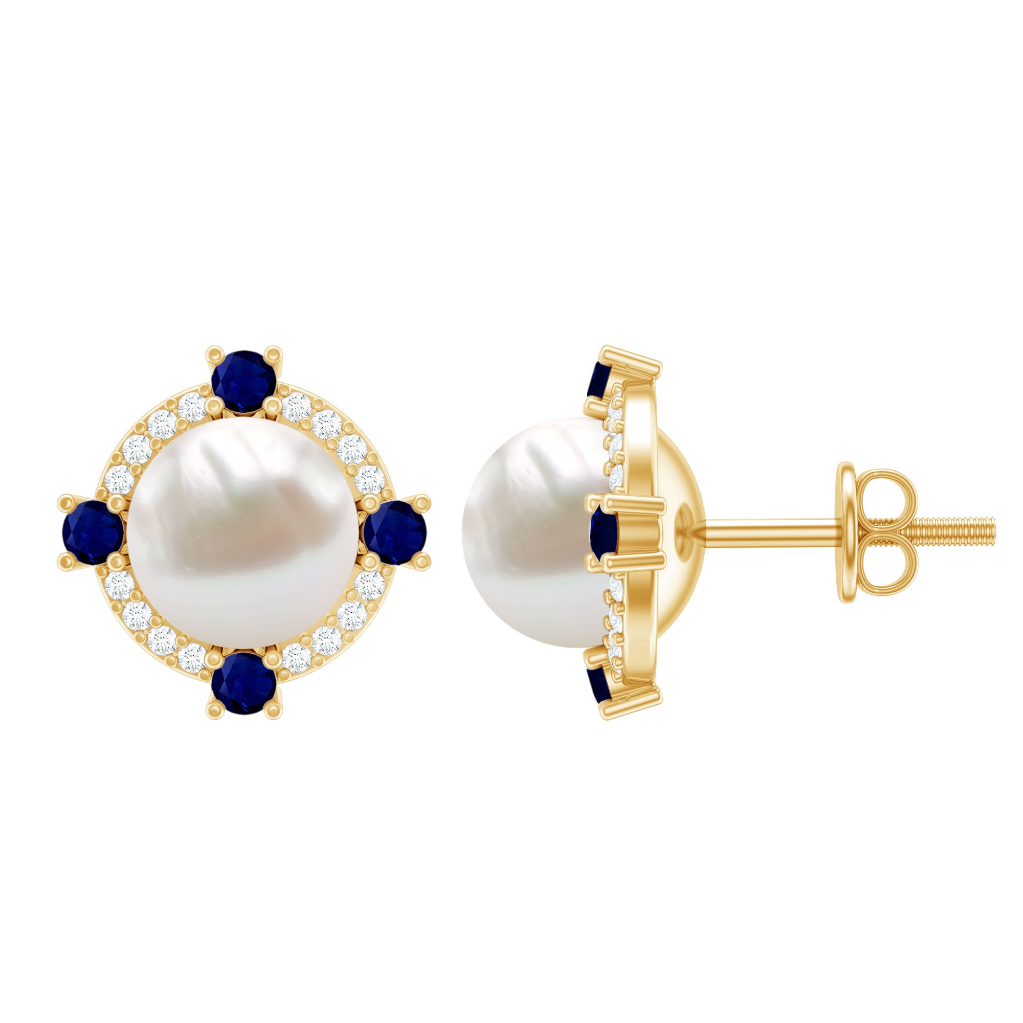 Natural Freshwater Pearl Vintage Earrings With Blue Sapphire AAA - Rosec Jewels