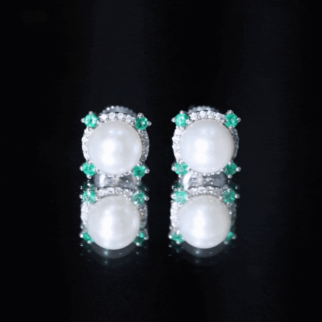 6 Carat Freshwater Pearl Bridal Stud Earrings with Emerald AAA - Rosec Jewels
