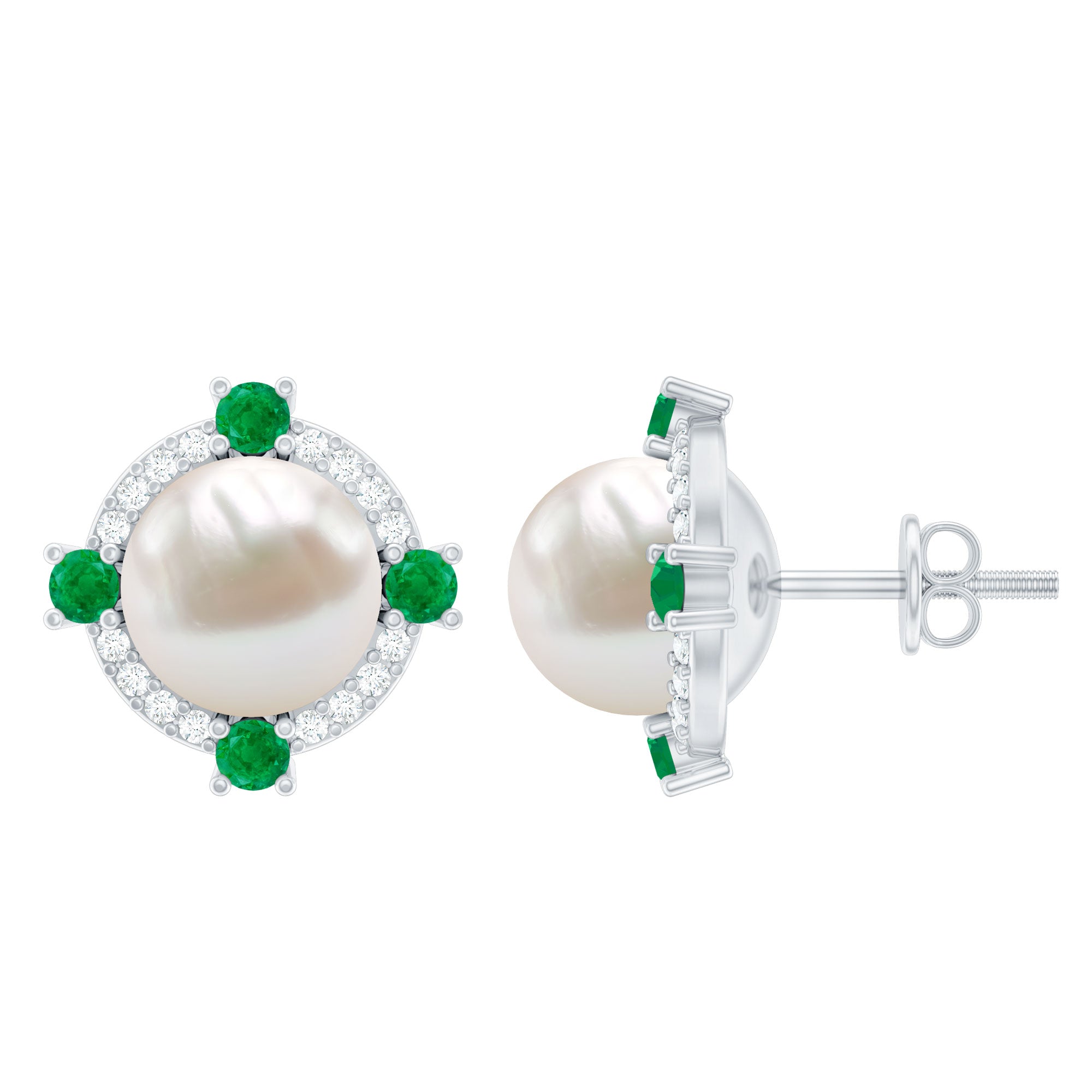 6.50 CT Freshwater Pearl Solitaire Studs with Emerald and Moissanite Halo