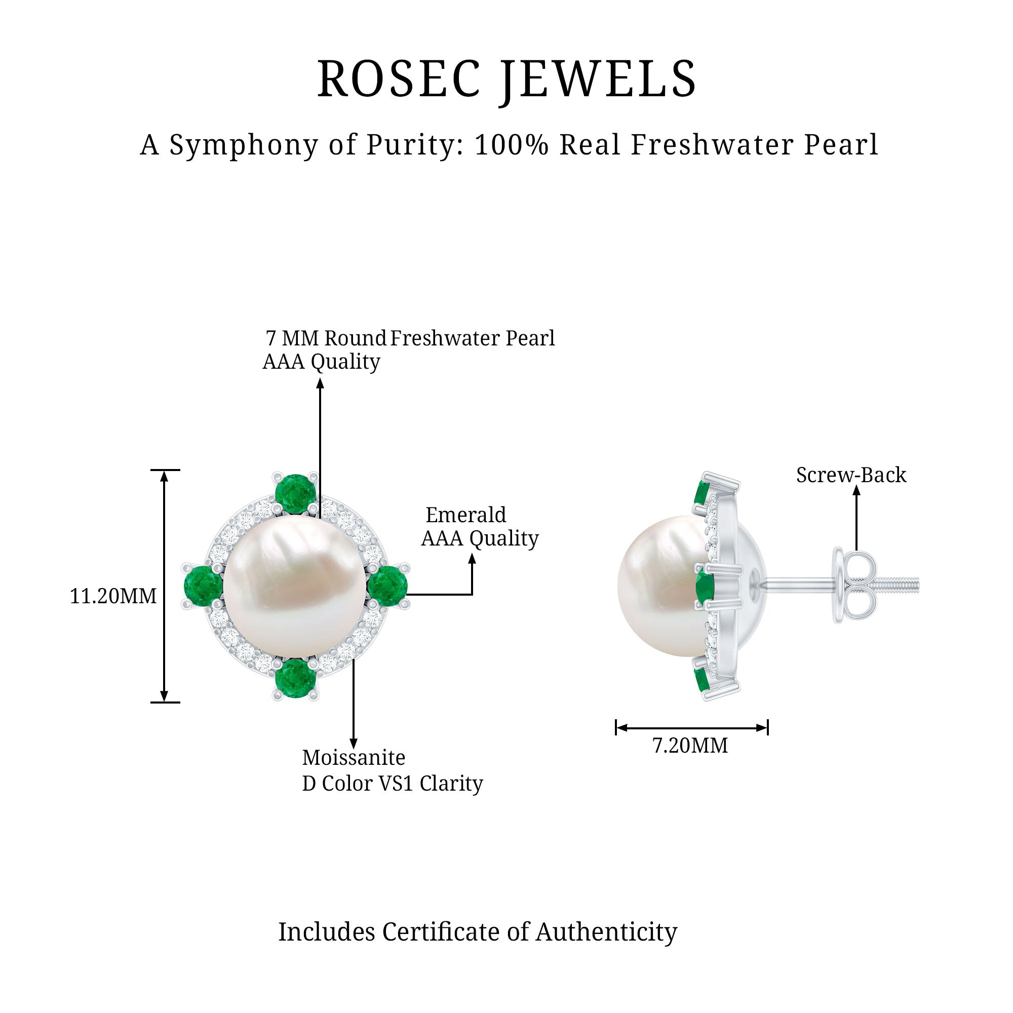 6 Carat Freshwater Pearl Bridal Stud Earrings with Emerald AAA - Rosec Jewels