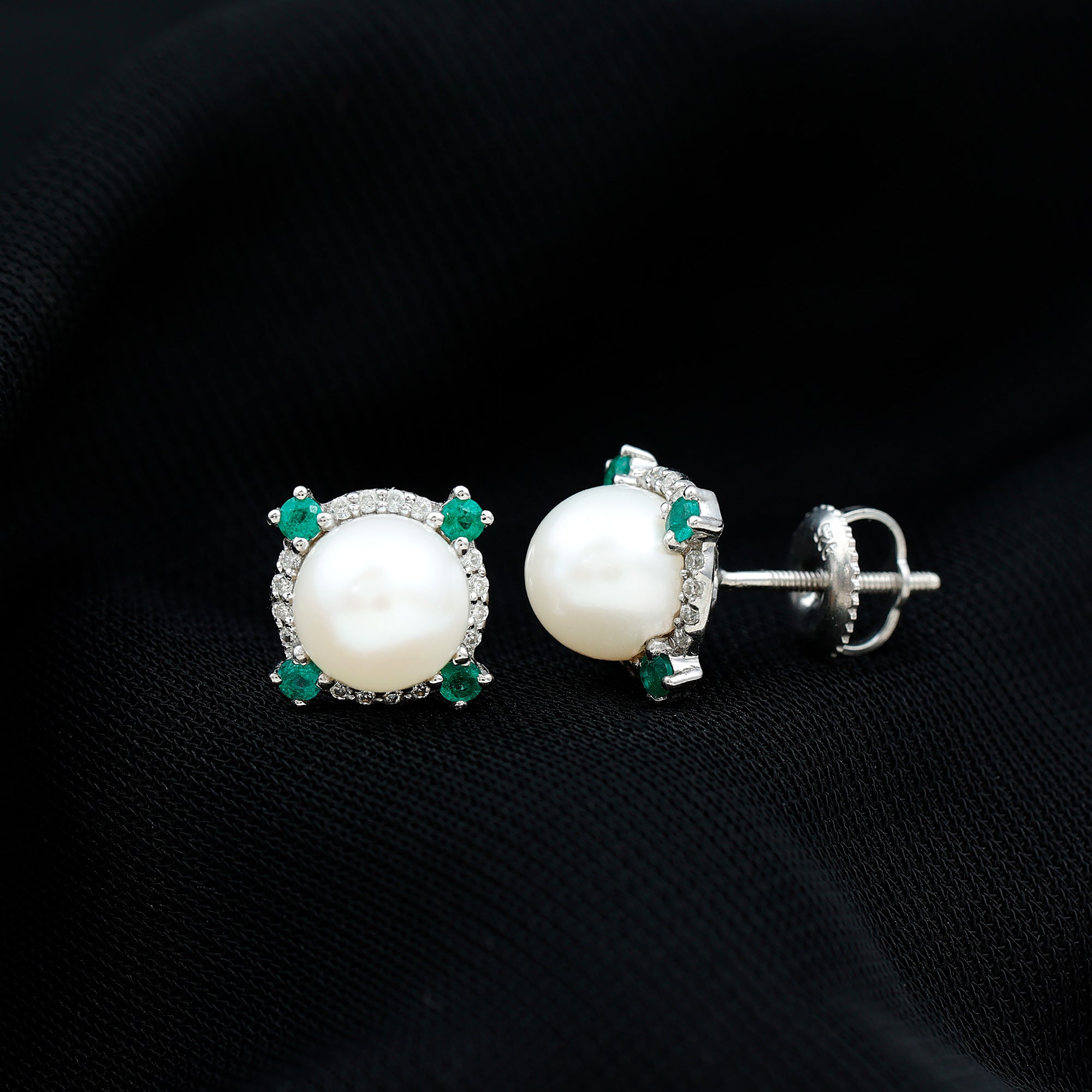 6 Carat Freshwater Pearl Bridal Stud Earrings with Emerald AAA - Rosec Jewels