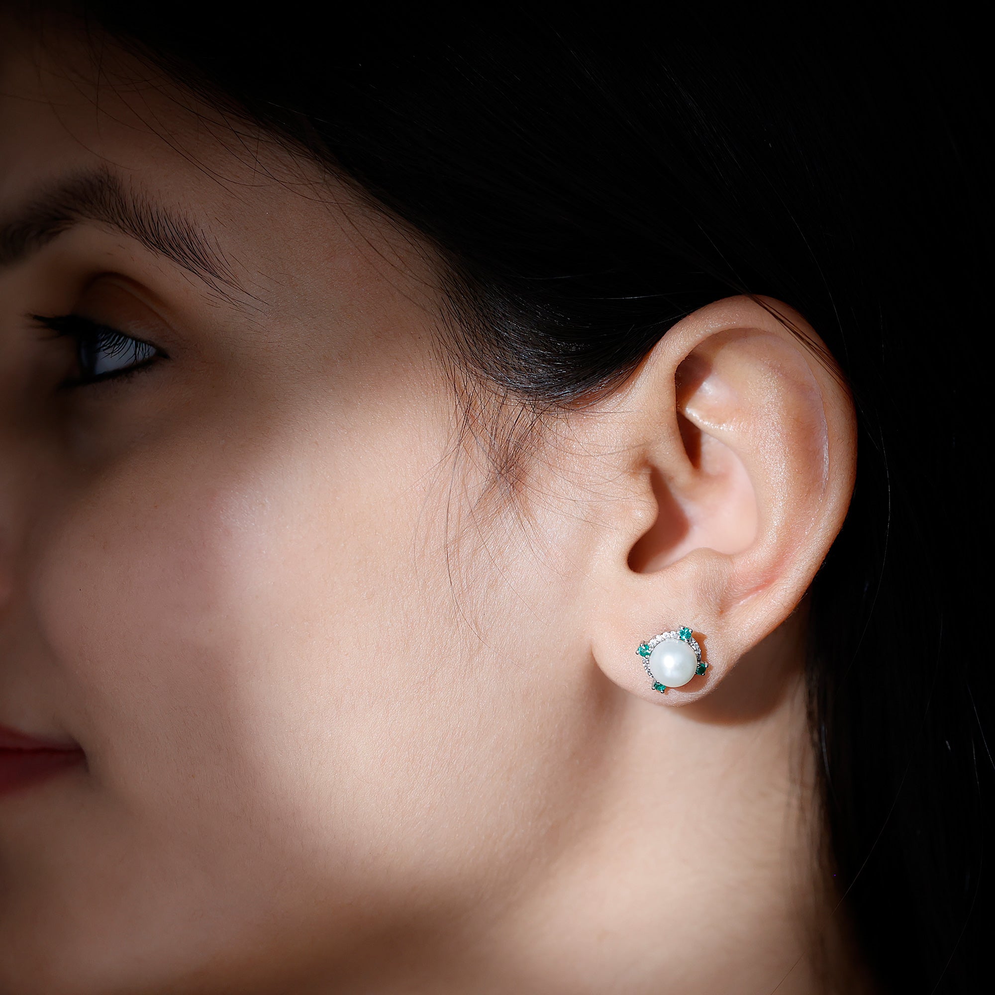 6 Carat Freshwater Pearl Bridal Stud Earrings with Emerald AAA - Rosec Jewels