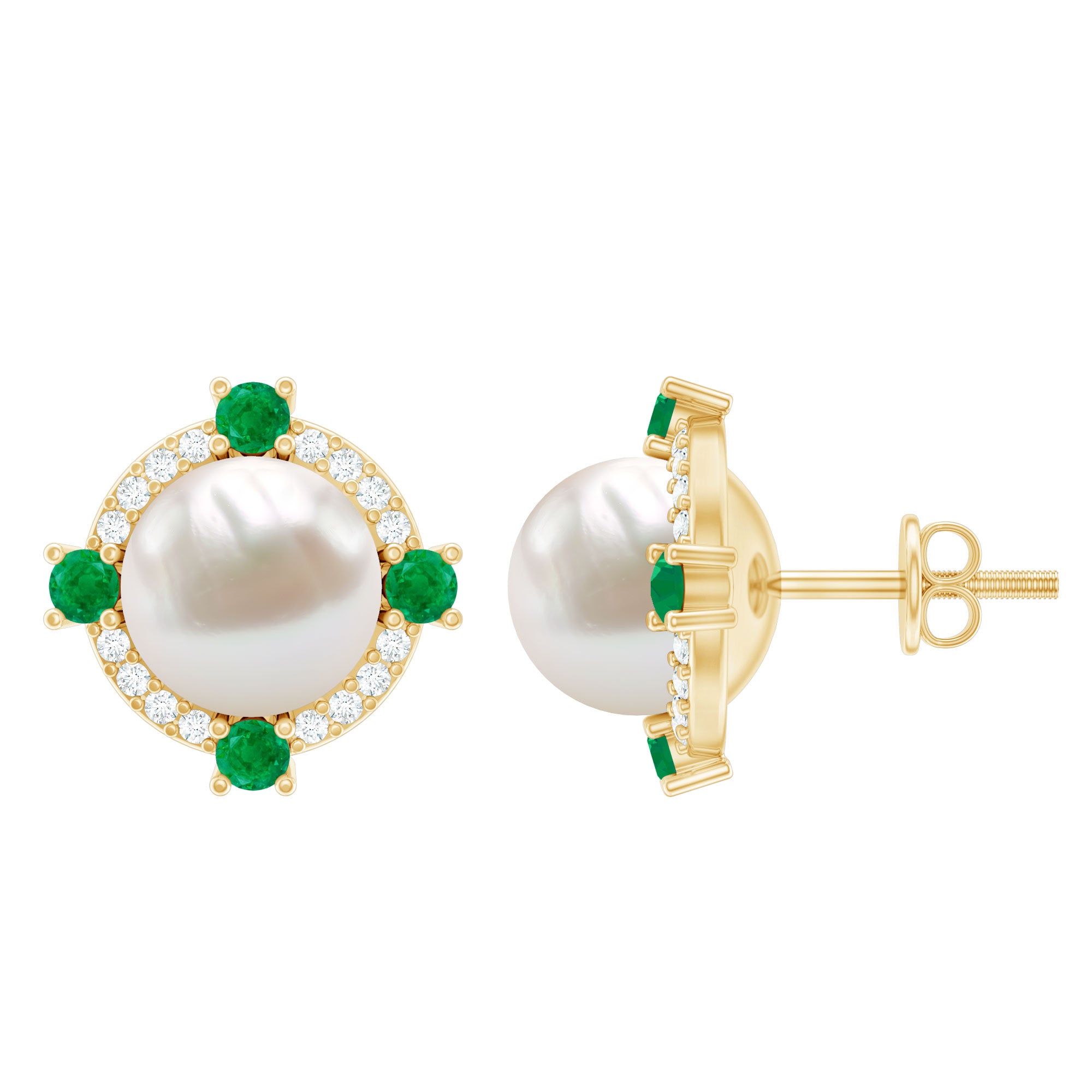 6 Carat Freshwater Pearl Bridal Stud Earrings with Emerald AAA - Rosec Jewels