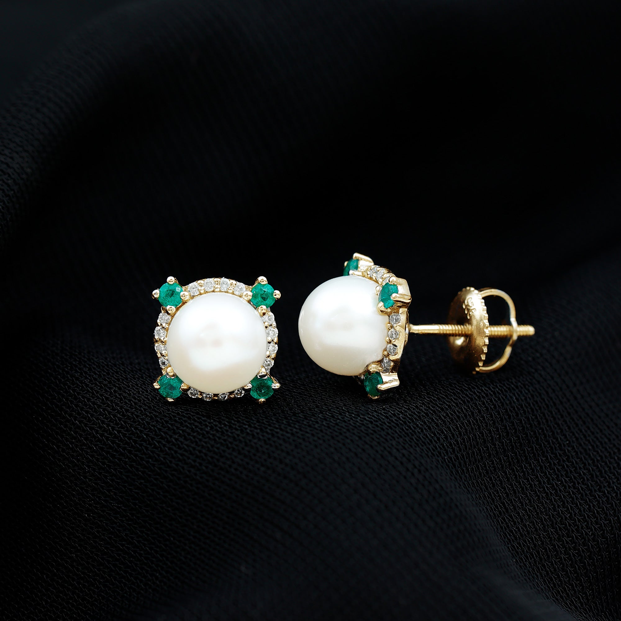 6 Carat Freshwater Pearl Bridal Stud Earrings with Emerald AAA - Rosec Jewels