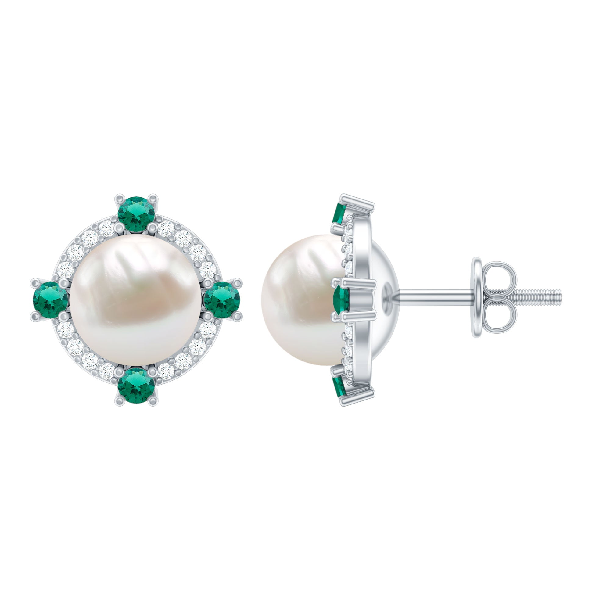 6 Carat Pearl Stud Earrings with Created Emerald and Diamond Halo AAA - Rosec Jewels