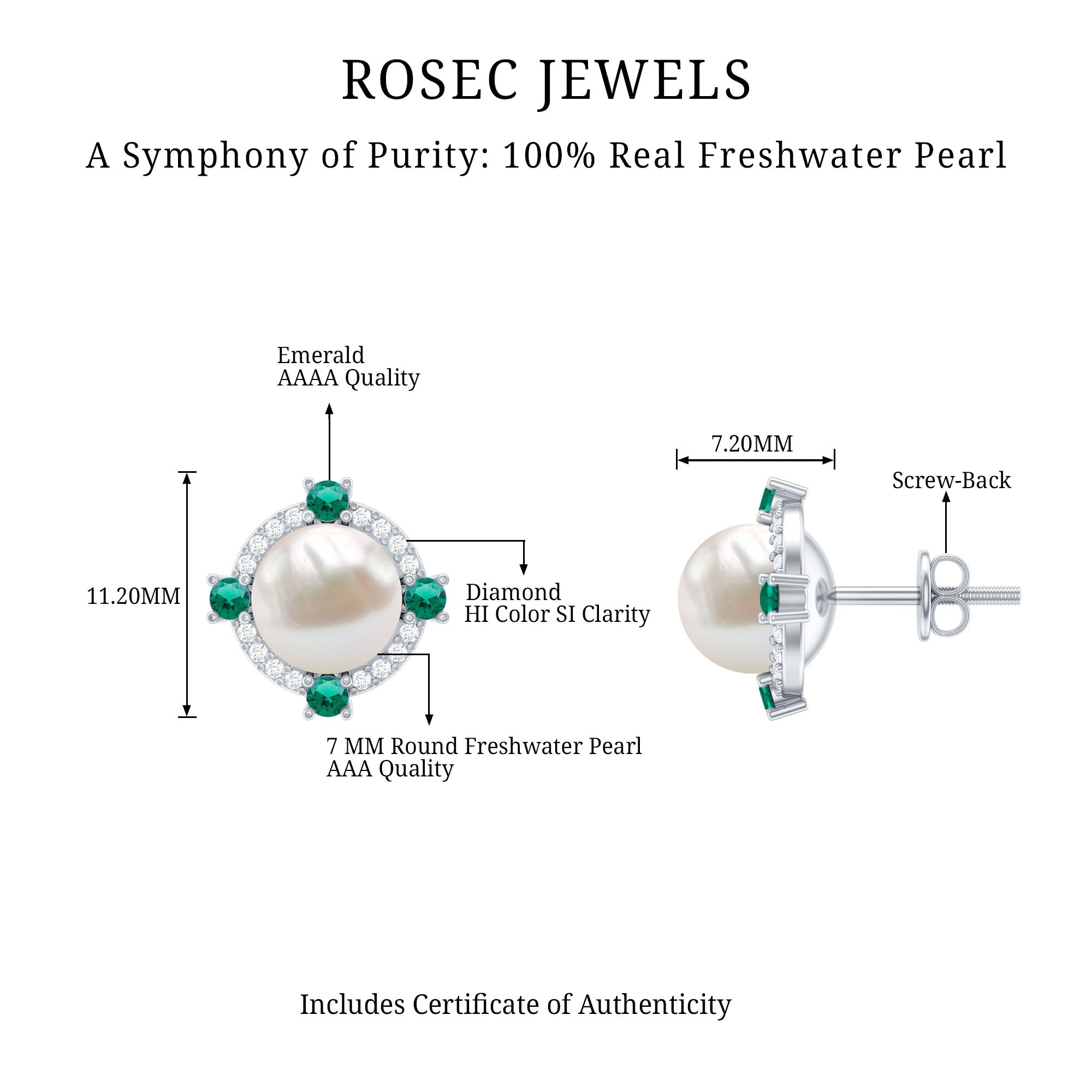 6 Carat Pearl Stud Earrings with Created Emerald and Diamond Halo AAA - Rosec Jewels