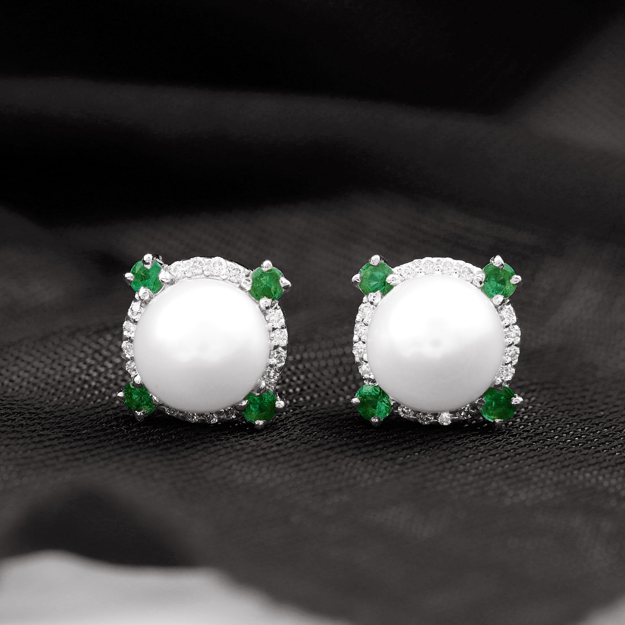 6 Carat Pearl Stud Earrings with Created Emerald and Diamond Halo AAA - Rosec Jewels