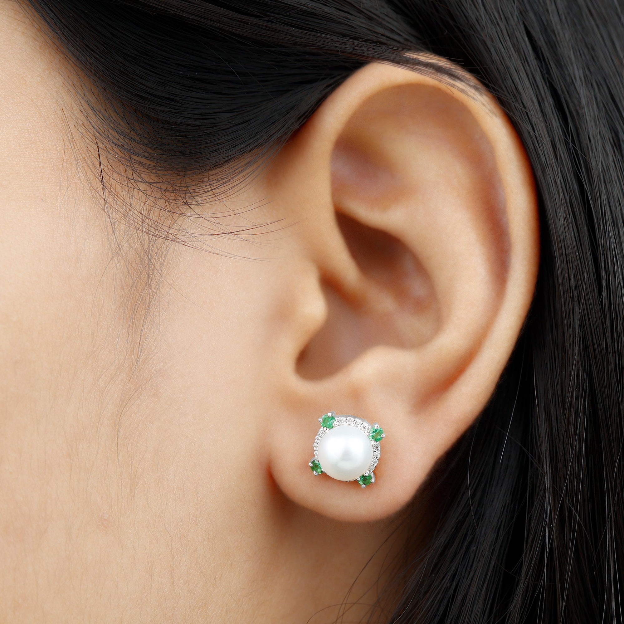 6 Carat Pearl Stud Earrings with Created Emerald and Diamond Halo AAA - Rosec Jewels