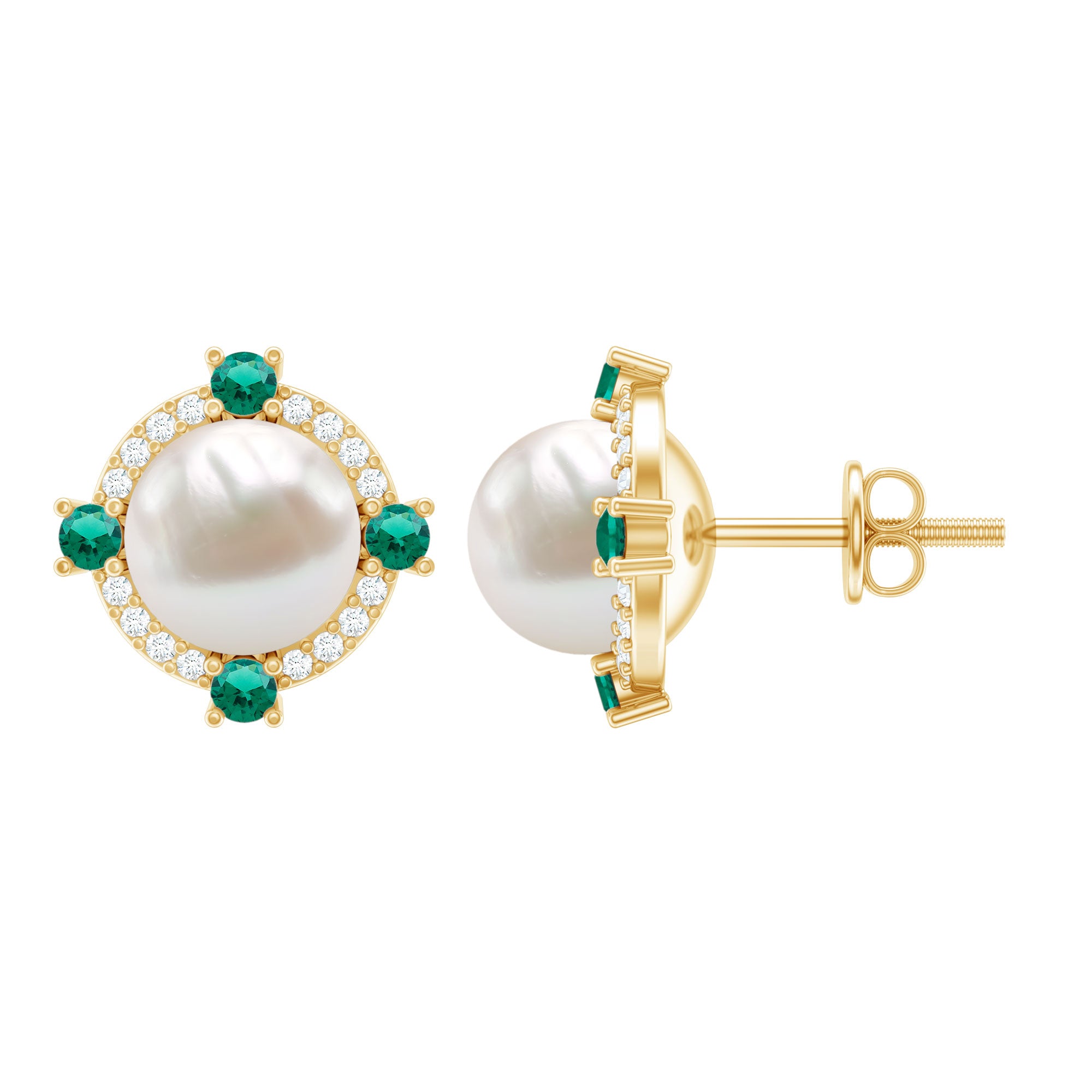 6 Carat Pearl Stud Earrings with Created Emerald and Diamond Halo AAA - Rosec Jewels