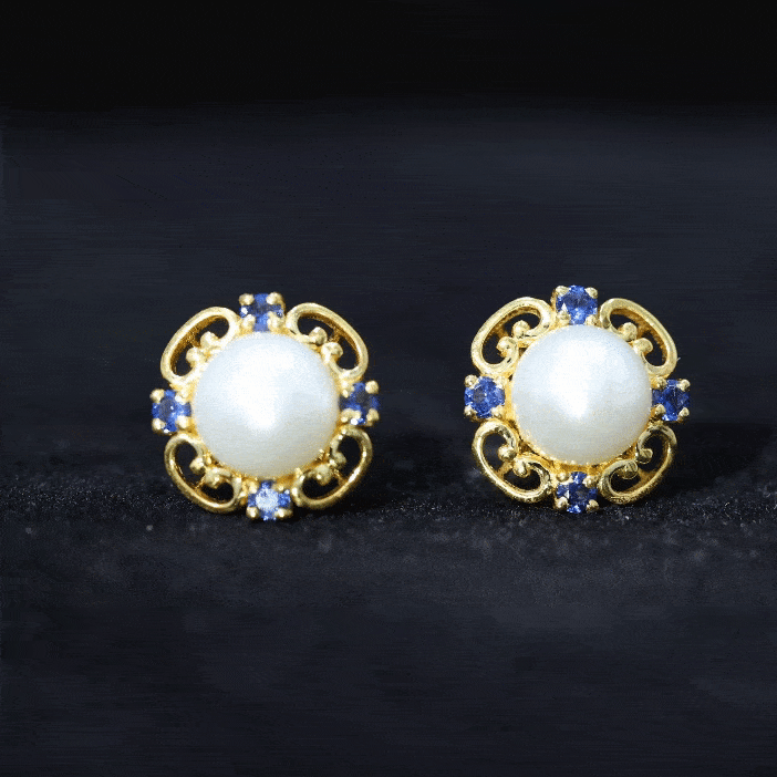 Vintage Freshwater Pearl Stud Earrings with Created Blue Sapphire AAA - Rosec Jewels