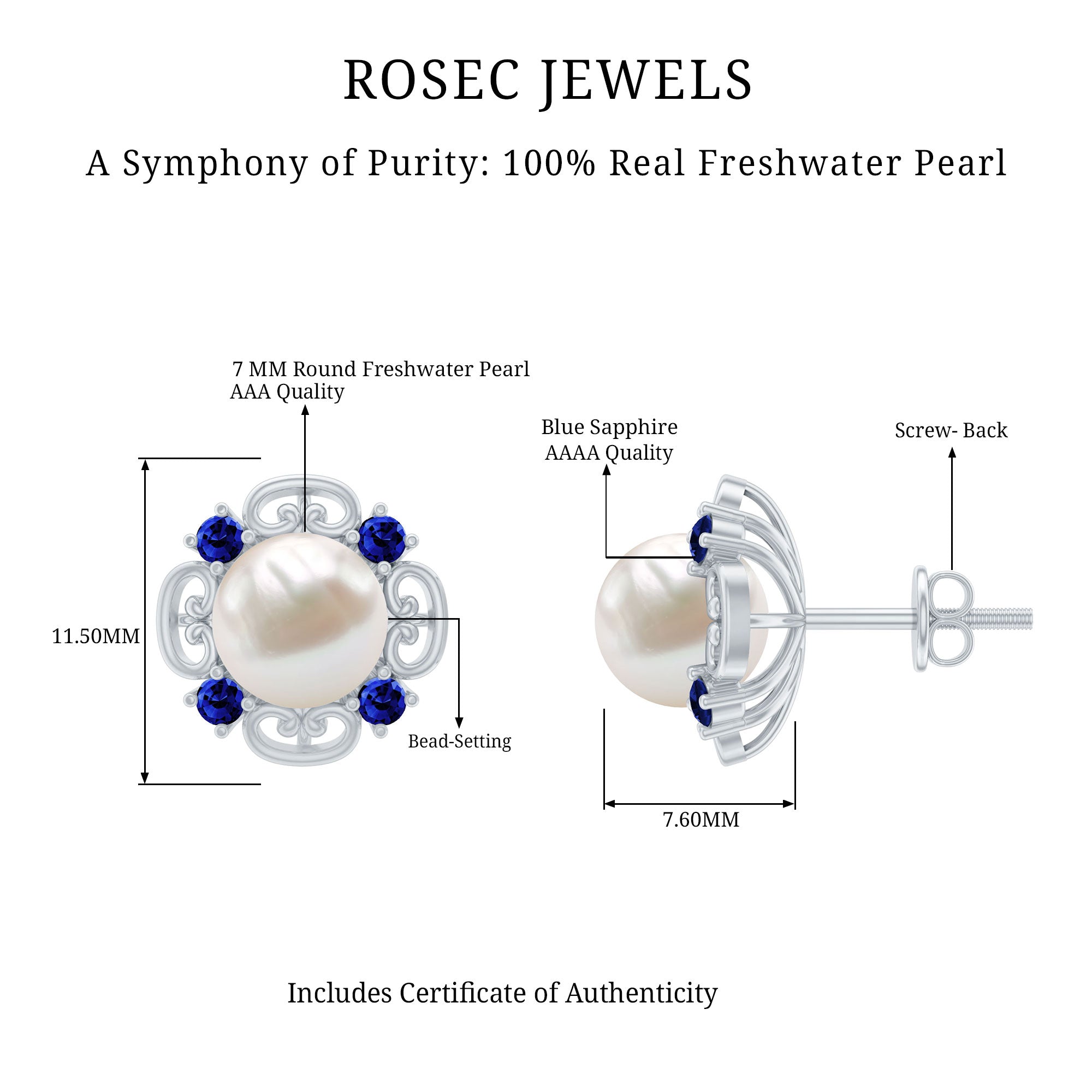 Vintage Freshwater Pearl Stud Earrings with Created Blue Sapphire AAA - Rosec Jewels