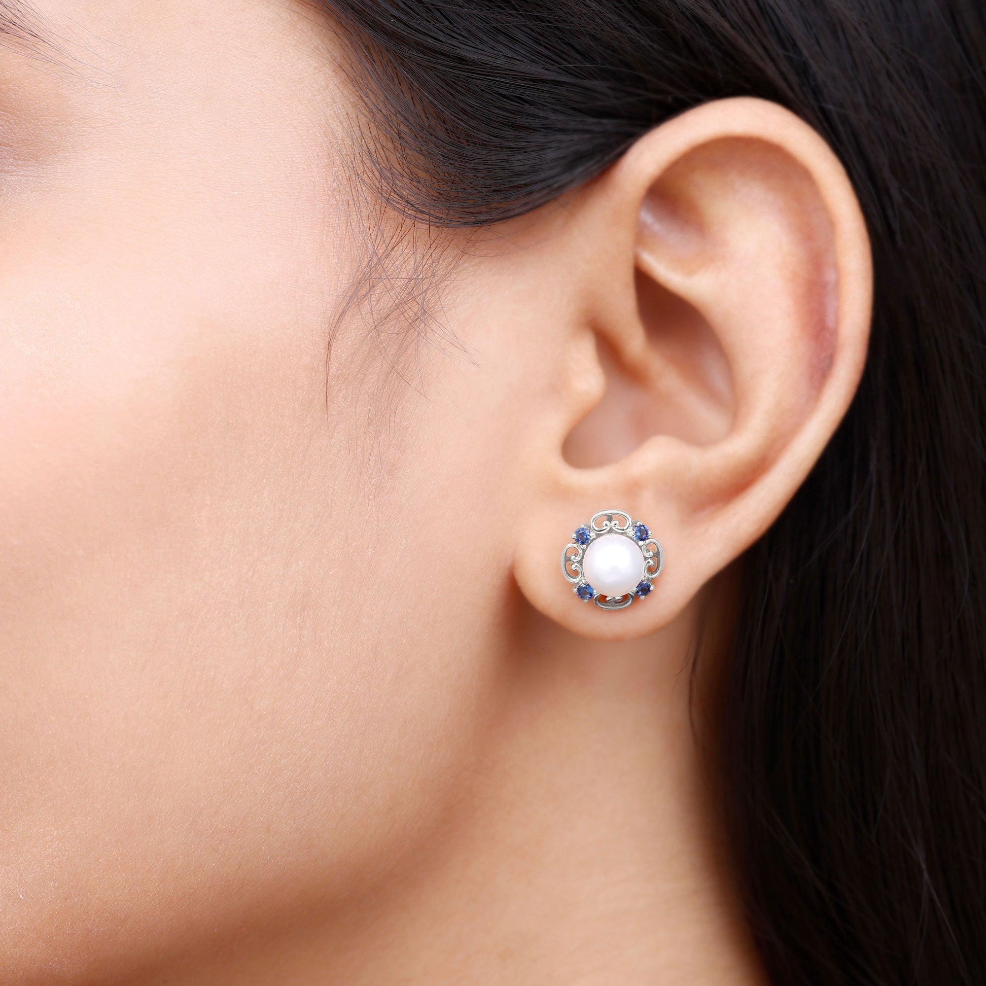 Vintage Freshwater Pearl Stud Earrings with Created Blue Sapphire AAA - Rosec Jewels