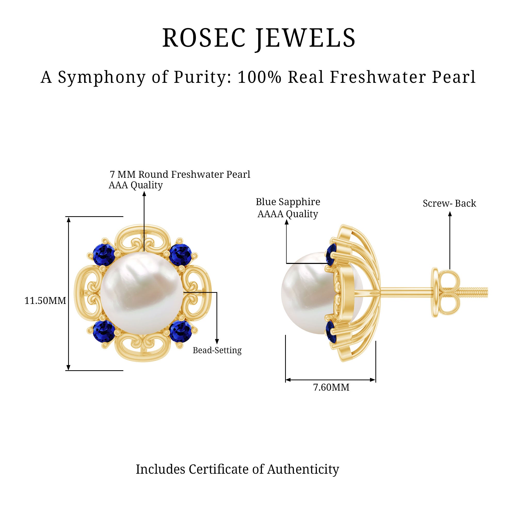 Vintage Freshwater Pearl Stud Earrings with Created Blue Sapphire AAA - Rosec Jewels