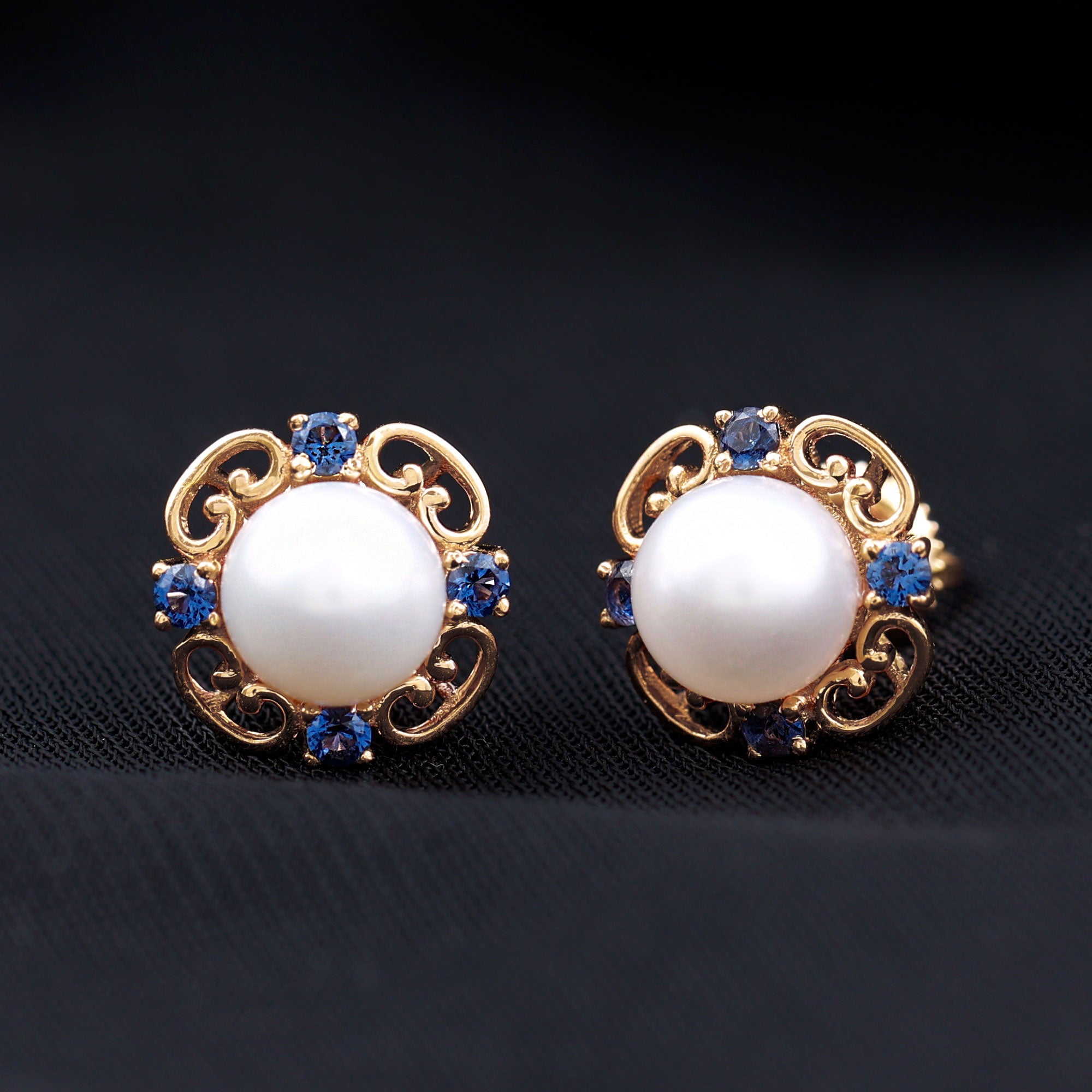 Vintage Freshwater Pearl Stud Earrings with Created Blue Sapphire AAA - Rosec Jewels