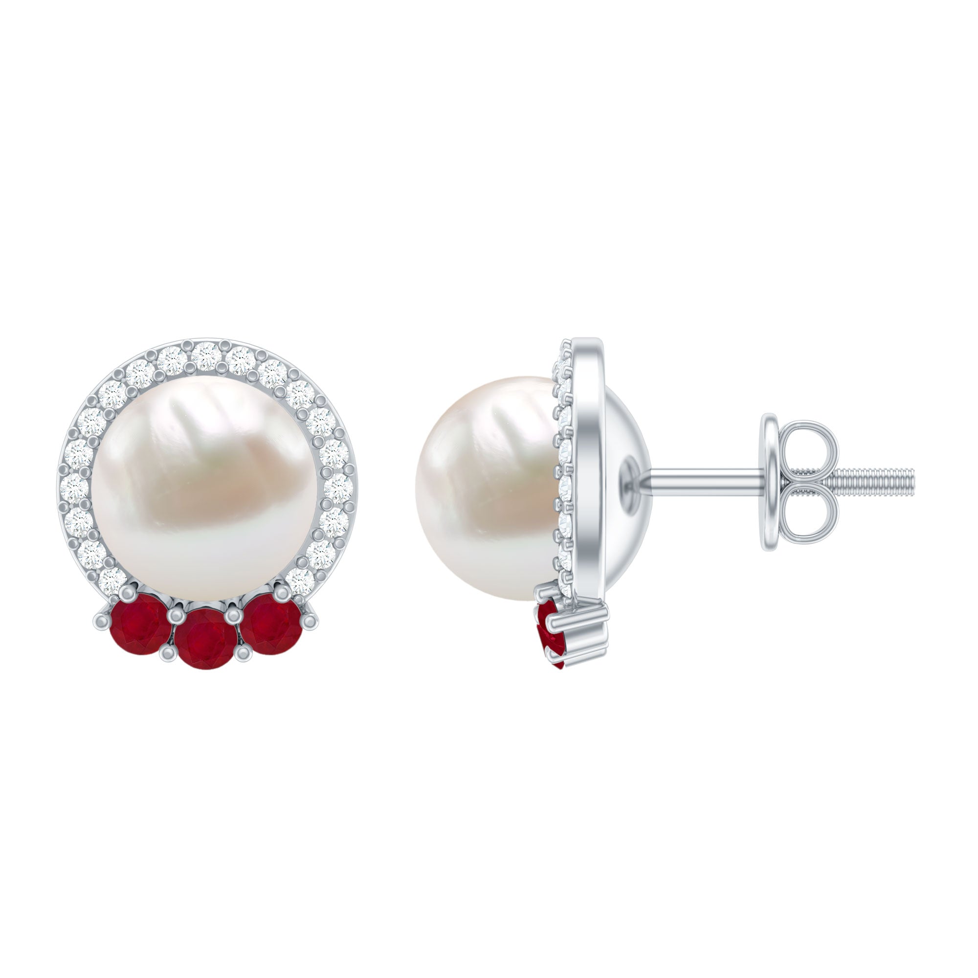 6 Carat Freshwater Pearl Stud Earrings with Ruby and Diamond Halo AAA - Rosec Jewels