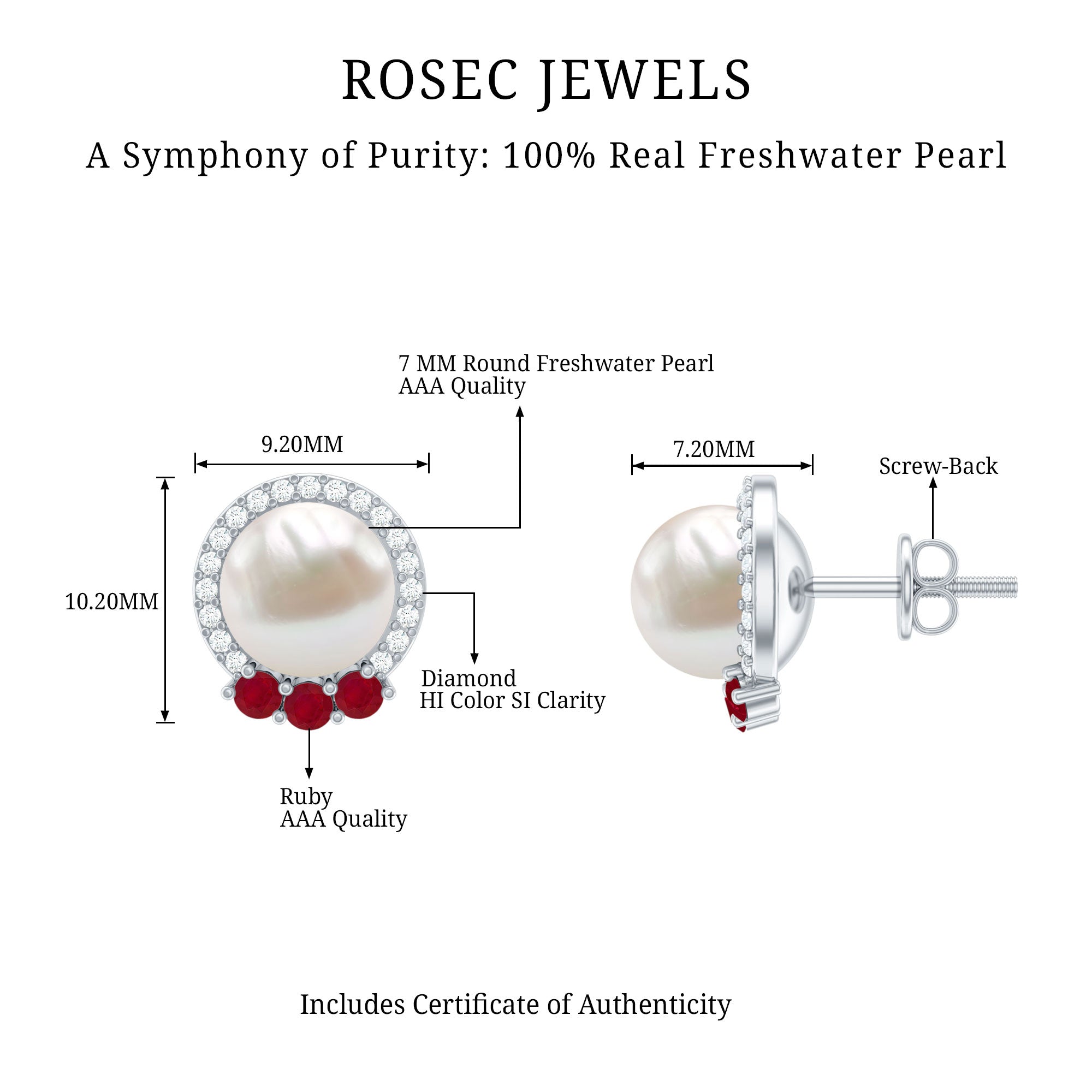 6 Carat Freshwater Pearl Stud Earrings with Ruby and Diamond Halo AAA - Rosec Jewels