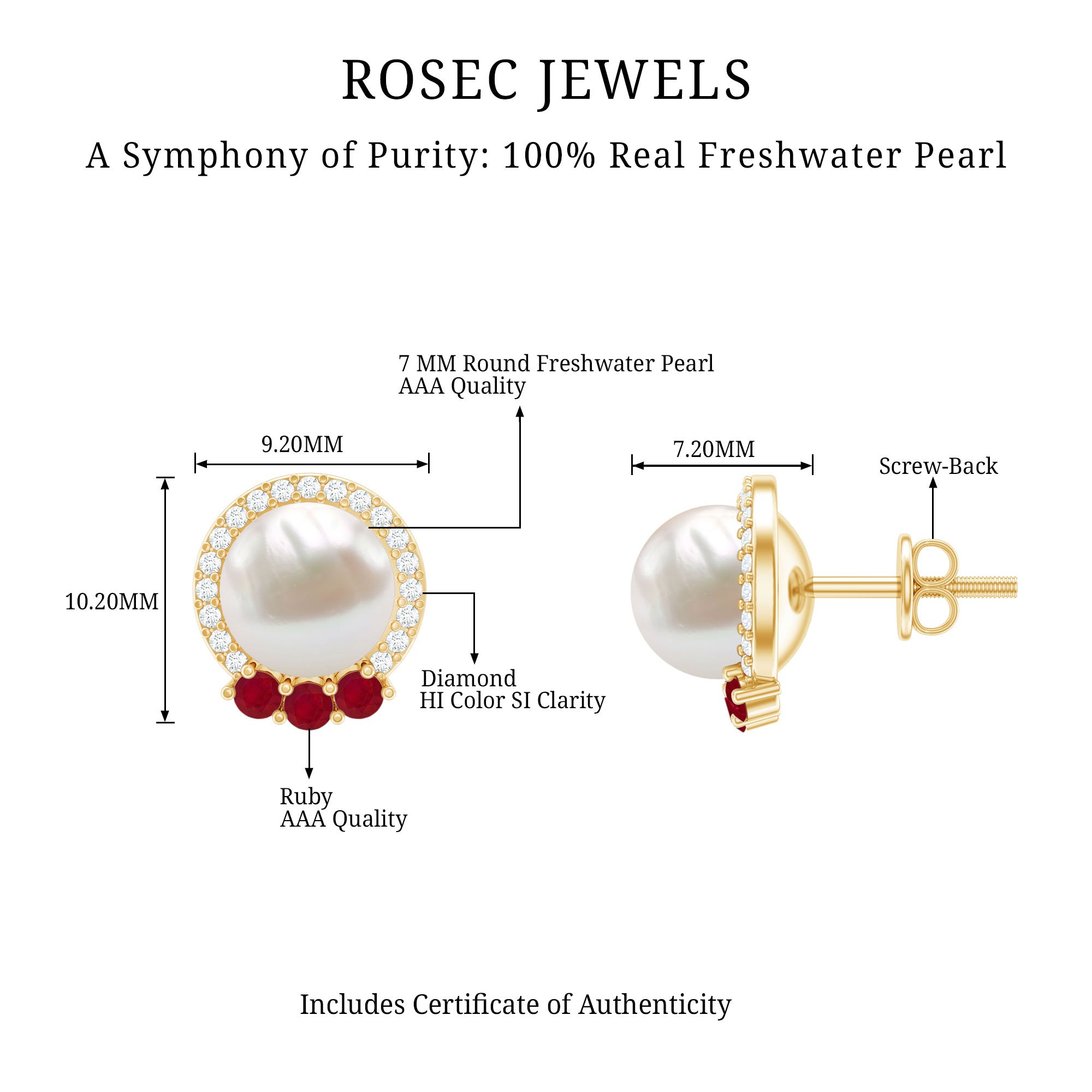 6 Carat Freshwater Pearl Stud Earrings with Ruby and Diamond Halo AAA - Rosec Jewels