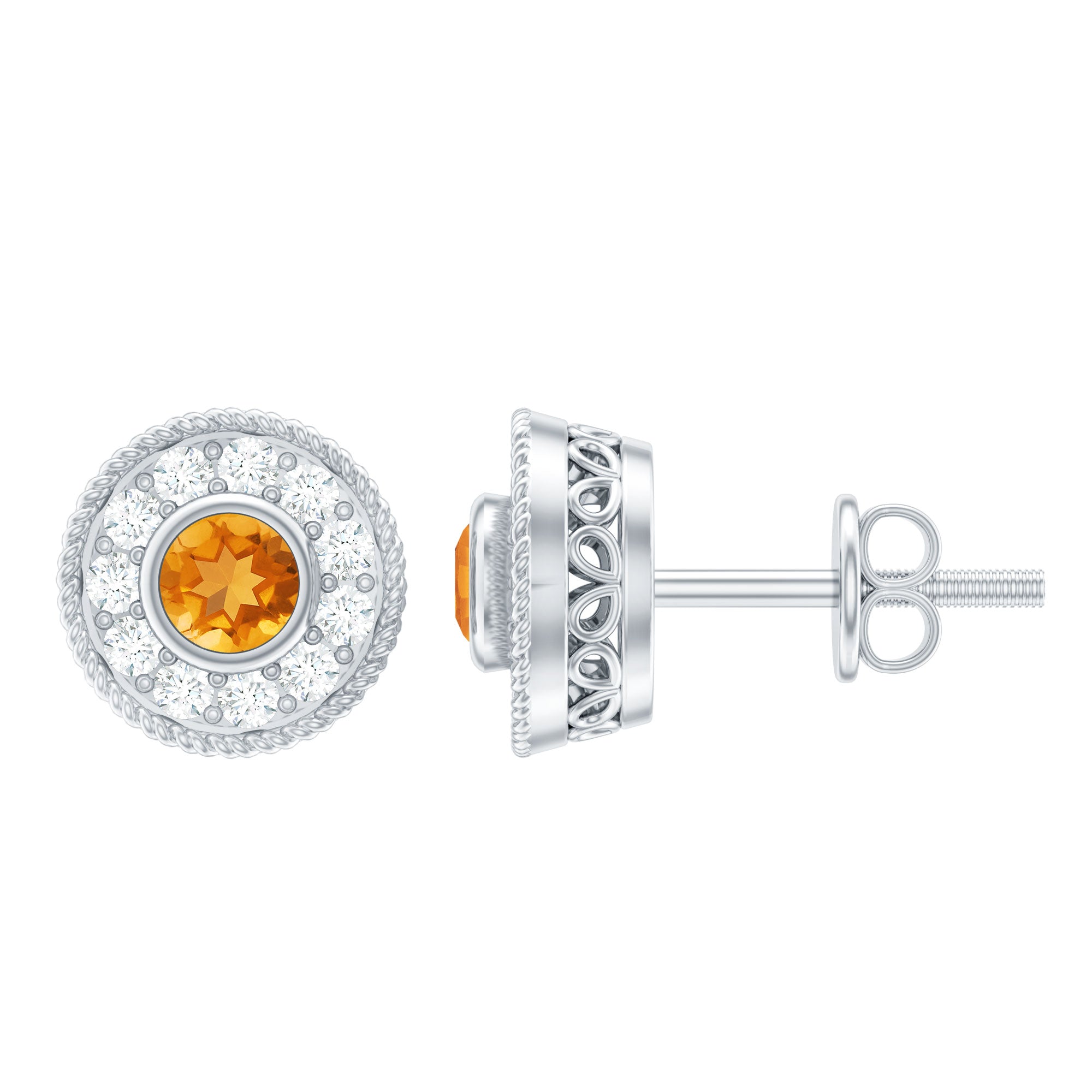Round Citrine Halo Stud Earrings with Diamonds AAA - Rosec Jewels