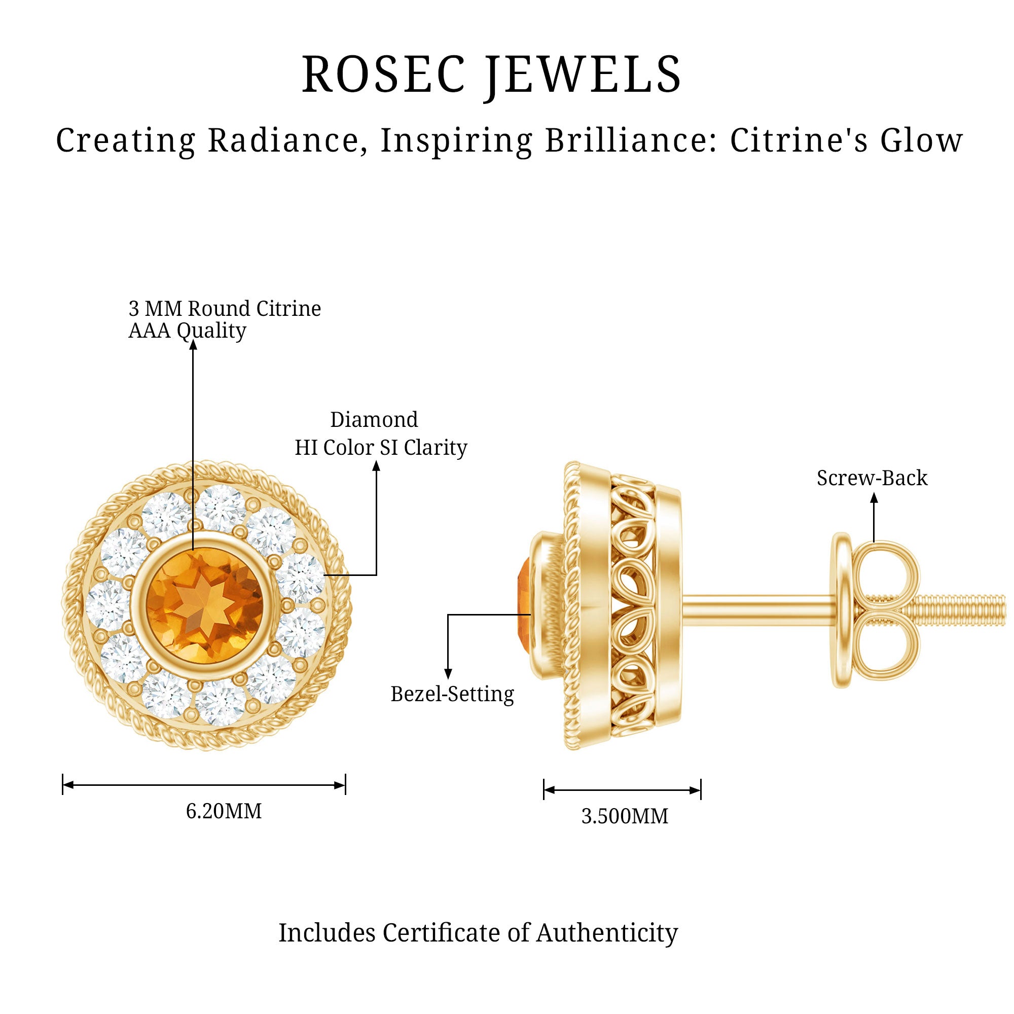 Round Citrine Halo Stud Earrings with Diamonds AAA - Rosec Jewels