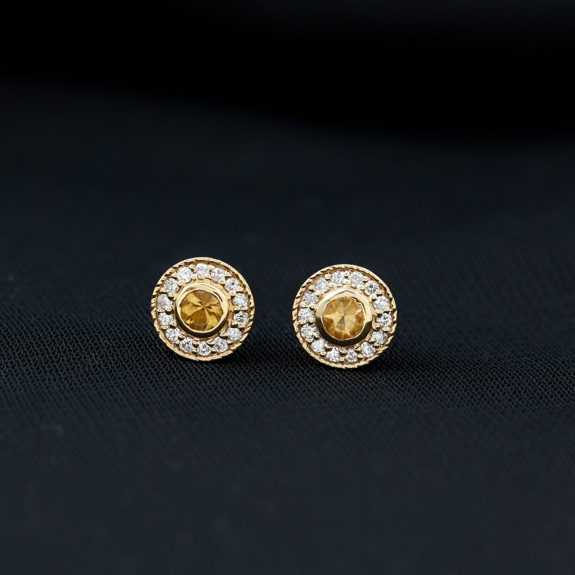 Round Citrine Halo Stud Earrings with Diamonds AAA - Rosec Jewels