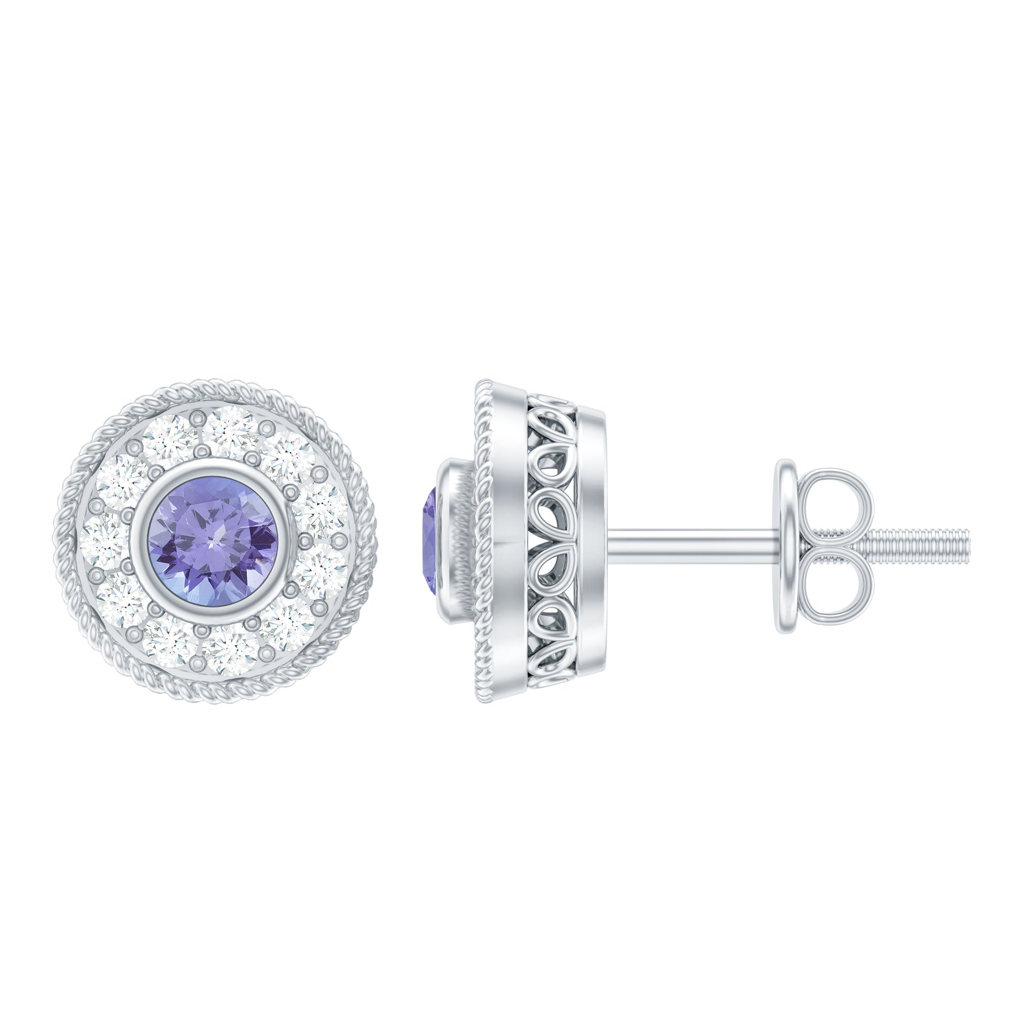 Antique Style Tanzanite and Diamond Halo Stud Earrings AAA - Rosec Jewels