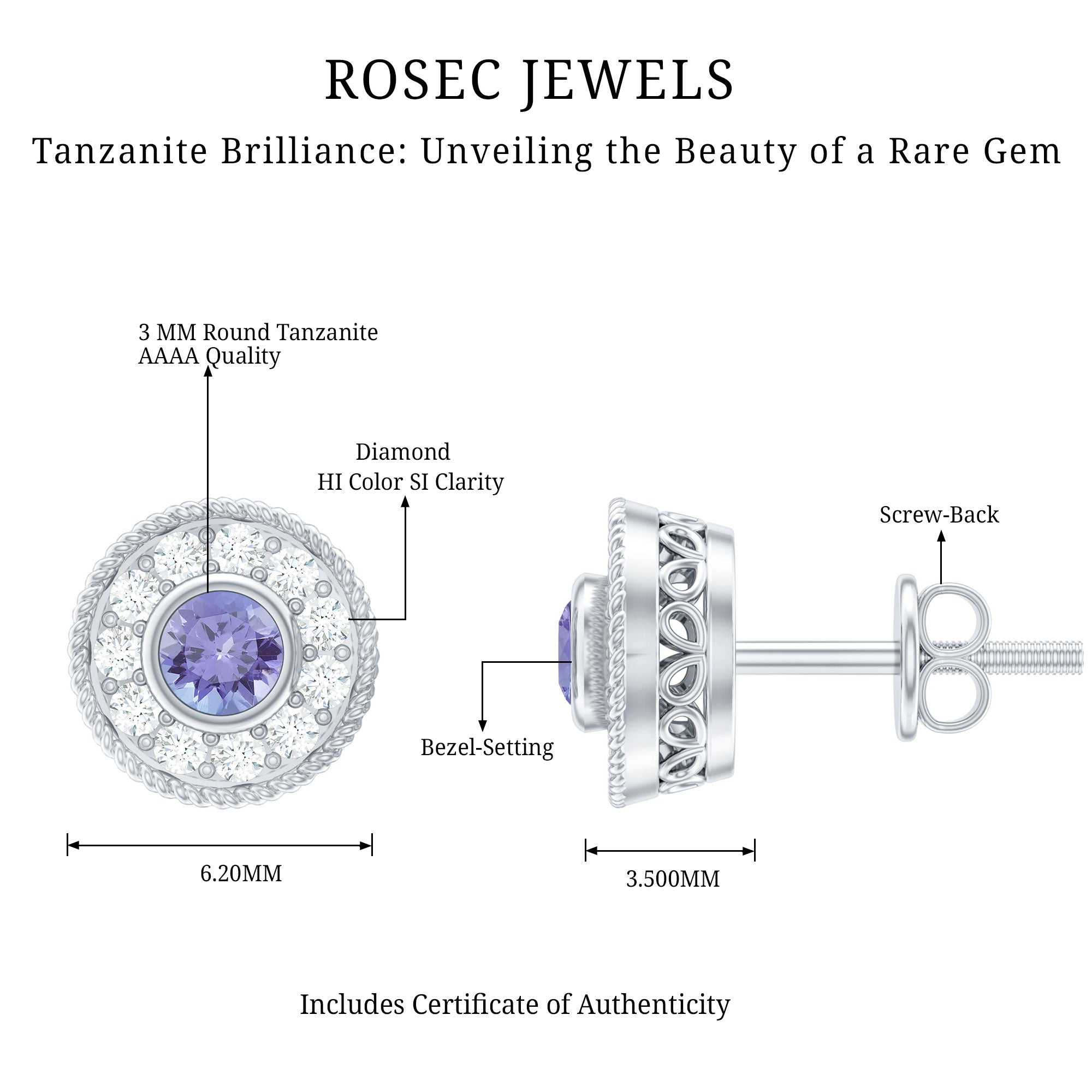 Antique Style Tanzanite and Diamond Halo Stud Earrings AAA - Rosec Jewels