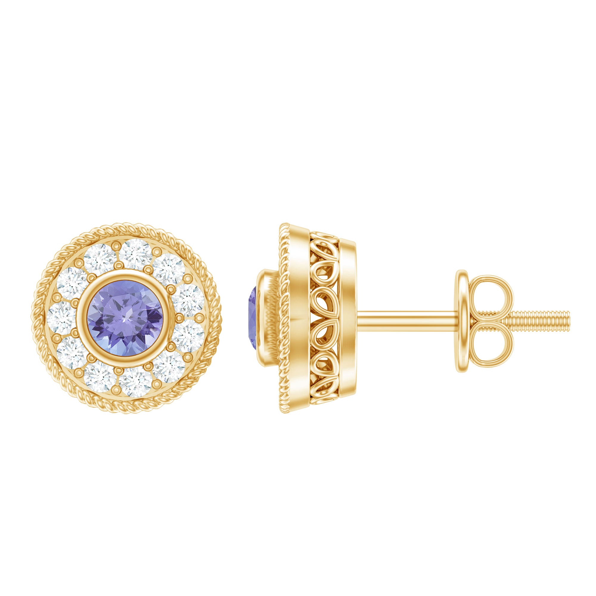 Antique Style Tanzanite and Diamond Halo Stud Earrings AAA - Rosec Jewels
