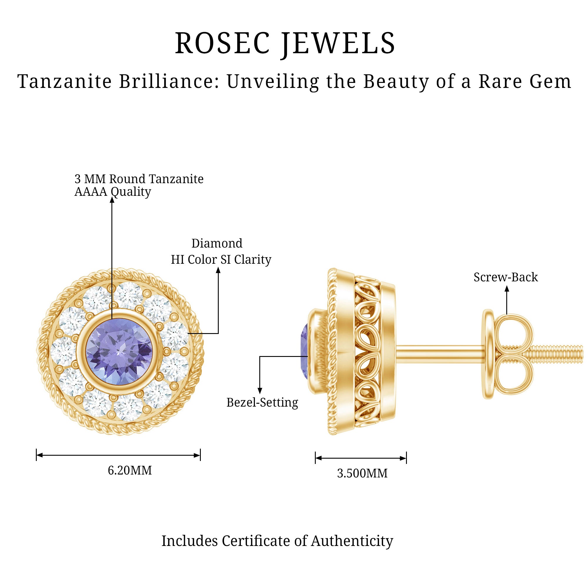 Antique Style Tanzanite and Diamond Halo Stud Earrings AAA - Rosec Jewels
