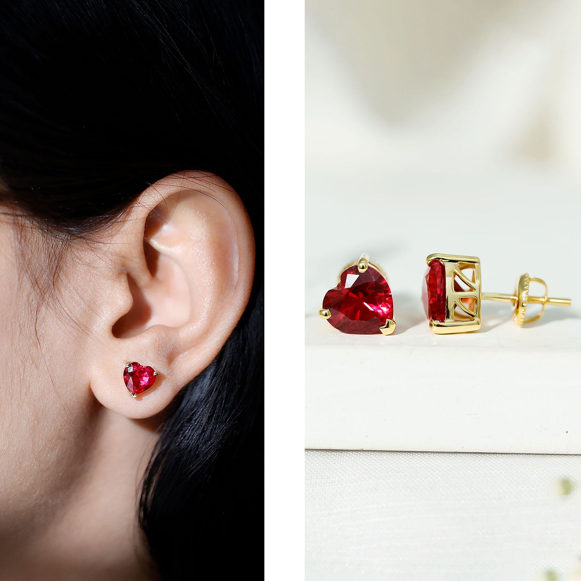 Heart Shape Lab Created Ruby Solitaire Stud Earrings AAAA - Rosec Jewels