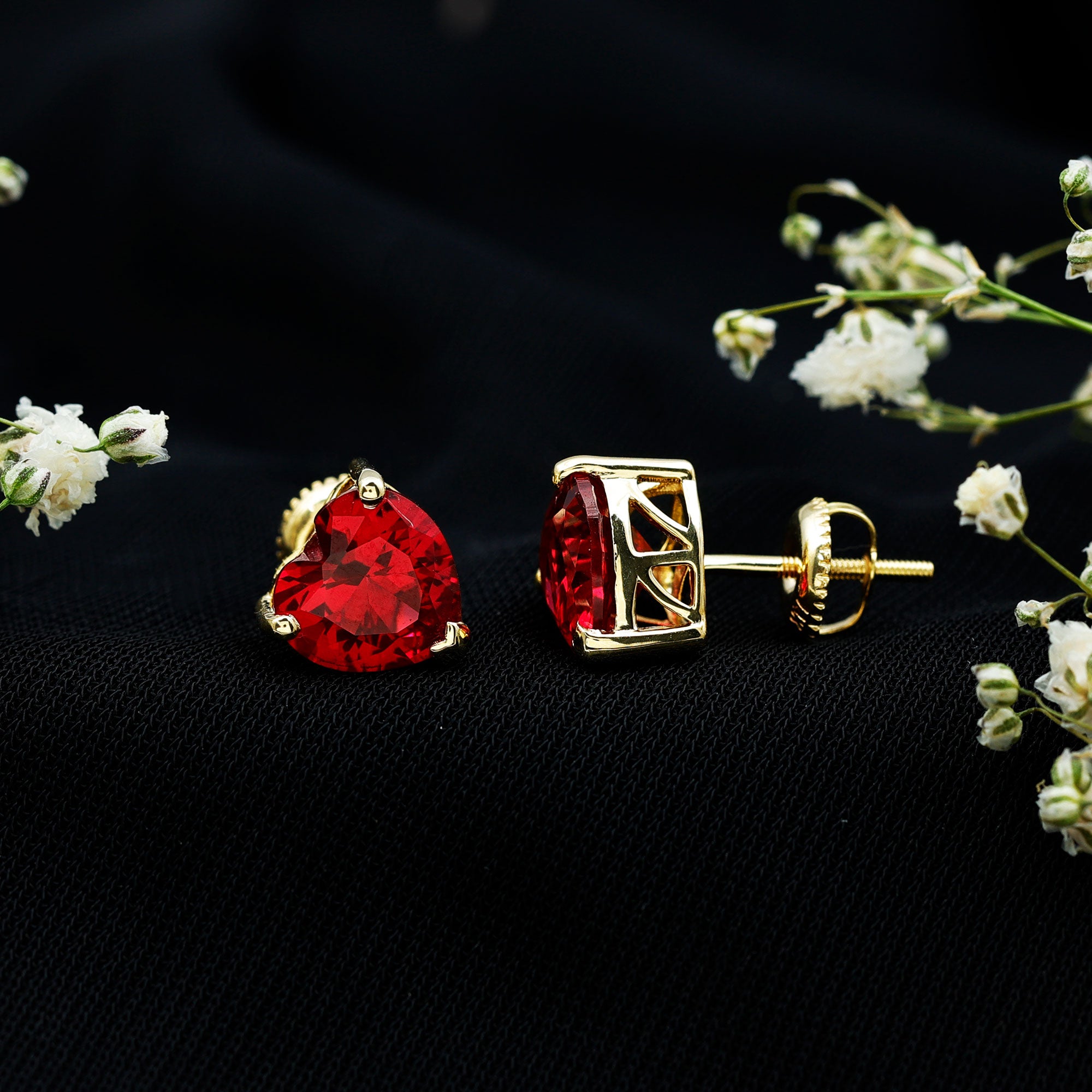 Heart Shape Lab Created Ruby Solitaire Stud Earrings AAAA - Rosec Jewels