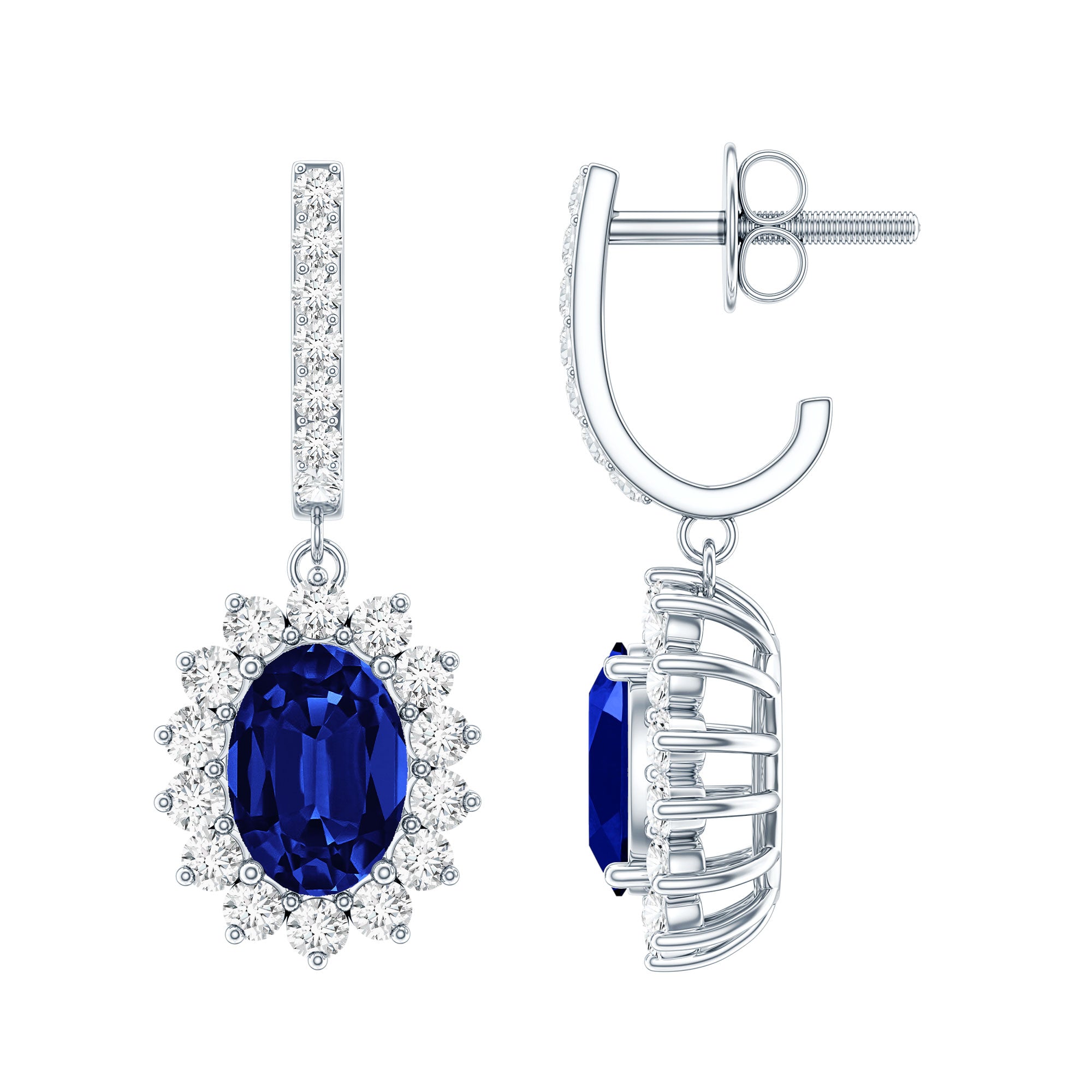 Certified Oval Lab Grown Blue Sapphire Hoop Drop Earrings with Moissanite