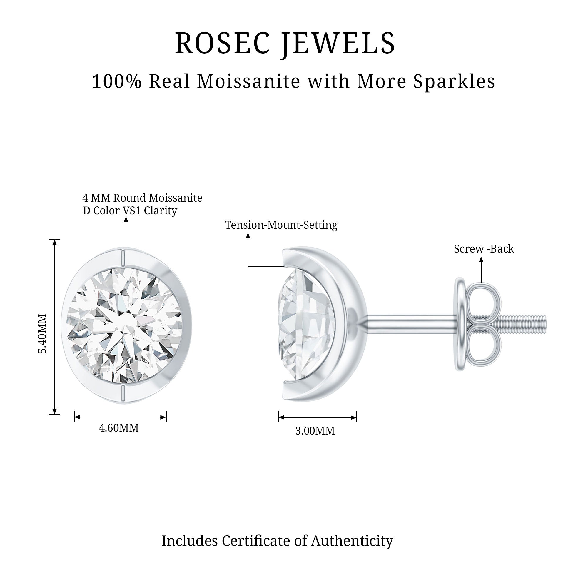 Minimalist 0.63 Carat Round Moissanite Solitaire Stud Earrings D-VS1 - Rosec Jewels