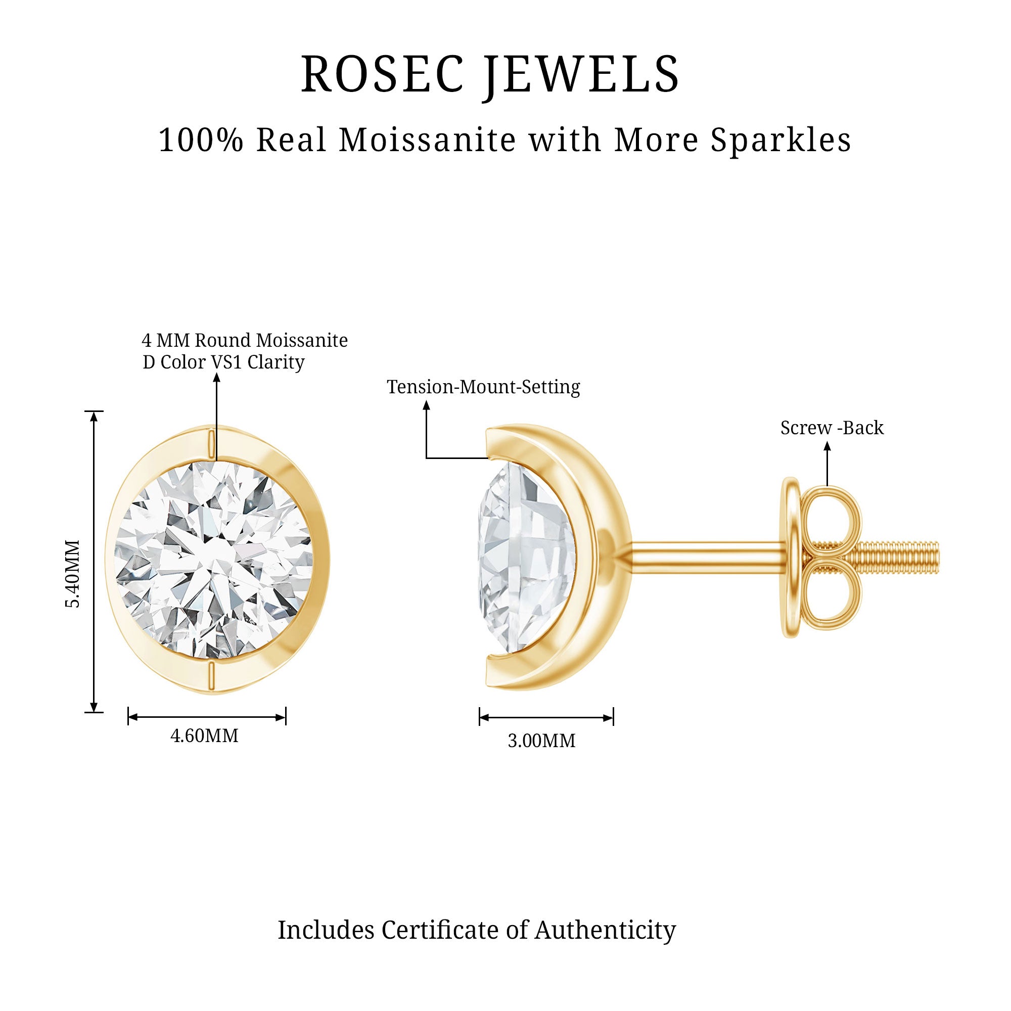 Minimalist 0.63 Carat Round Moissanite Solitaire Stud Earrings D-VS1 - Rosec Jewels