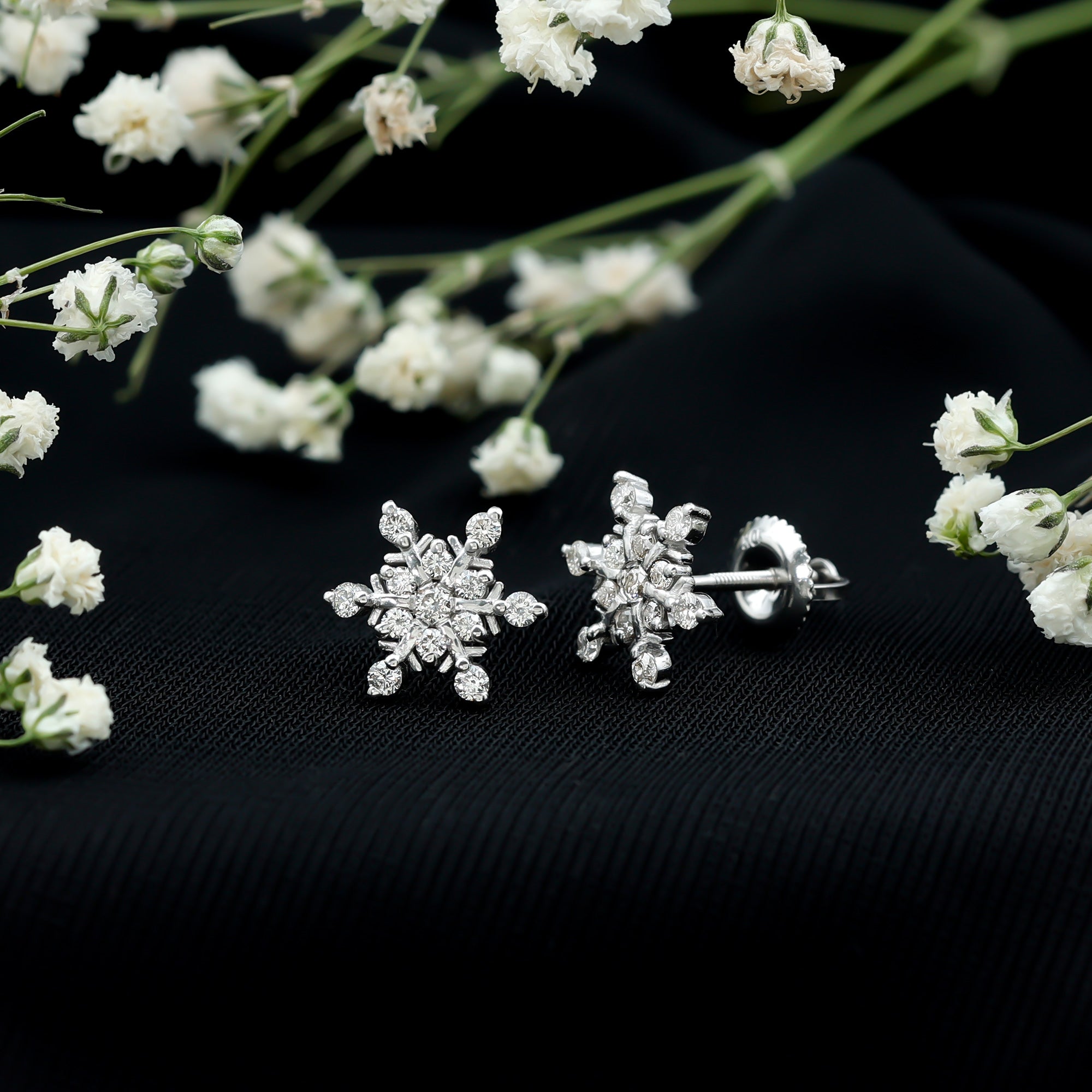 Certified Diamond Snowflake Stud Earrings with Screw Back Natural - ( HI-SI ) - Rosec Jewels