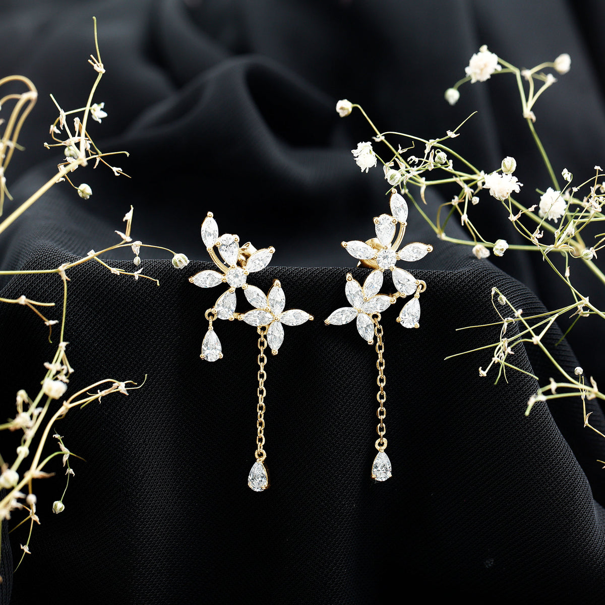 Certified Lab Grown Diamond Flower Dangle Drop Earrings Lab - ( EF-VS ) - Rosec Jewels