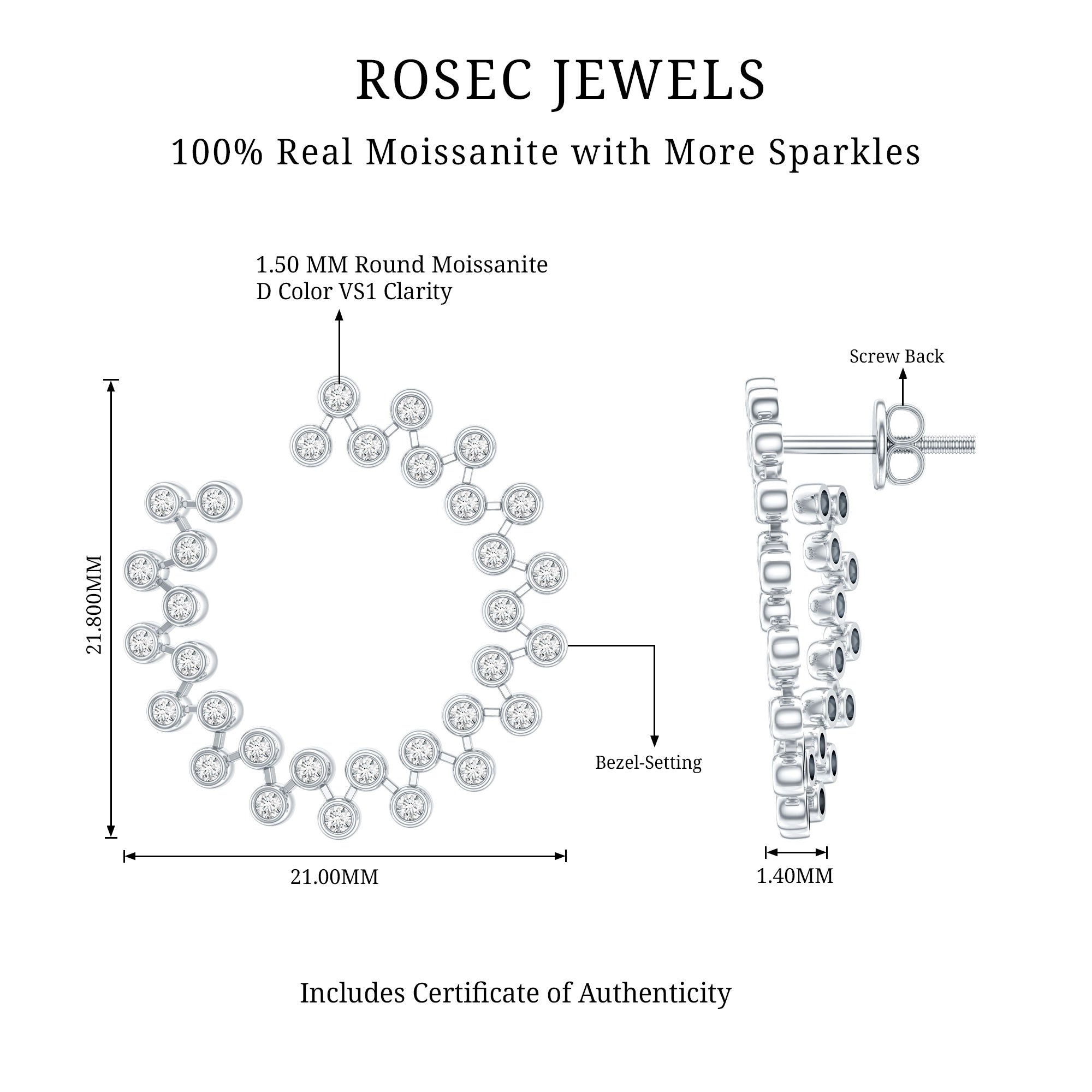 Certified Moissanite Big Stud Earrings For Women D-VS1 - Rosec Jewels