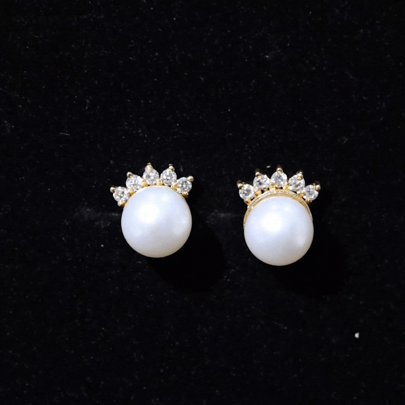 Real Freshwater White Pearl Stud Earrings with Diamonds AAA - Rosec Jewels