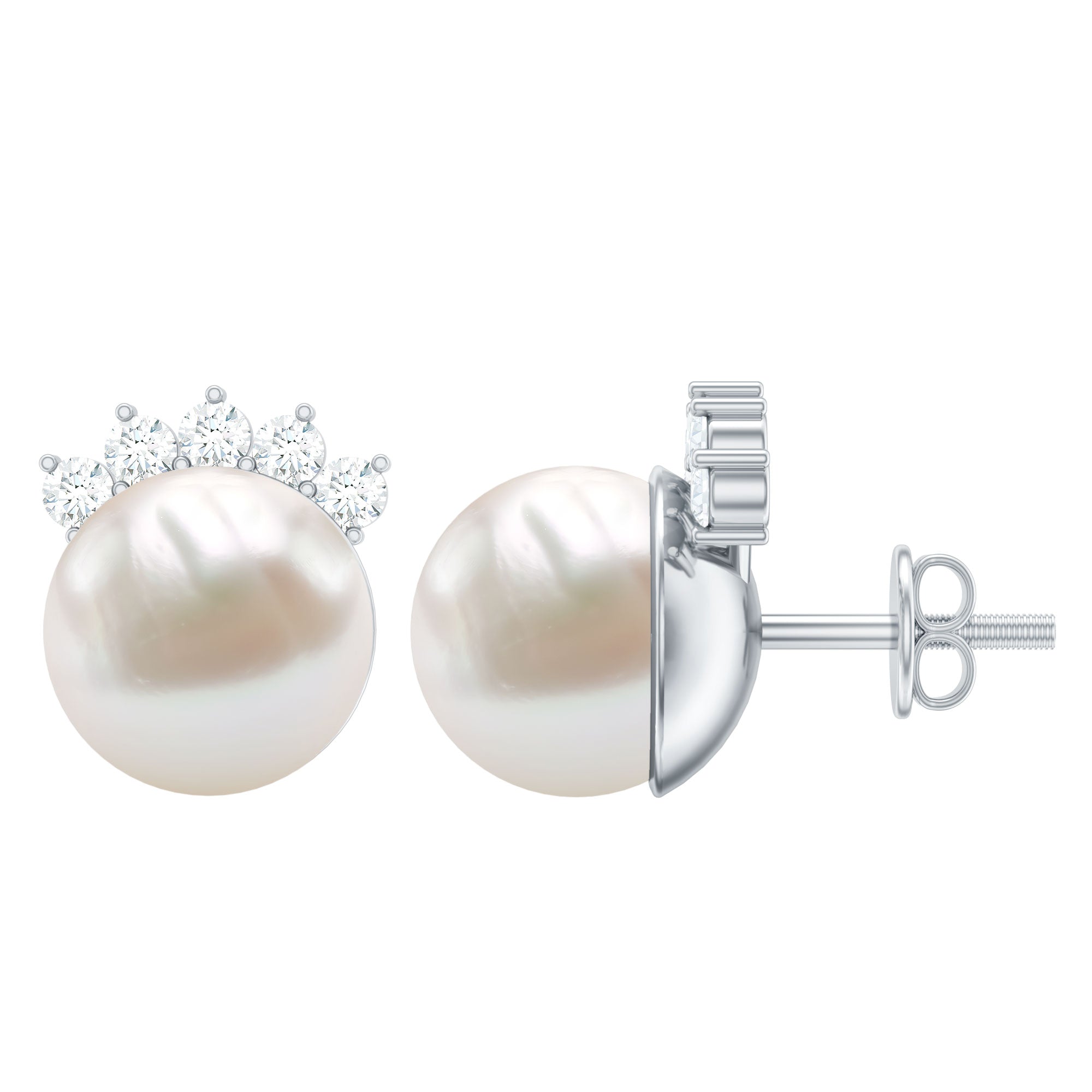 Real Freshwater White Pearl Stud Earrings with Diamonds AAA - Rosec Jewels