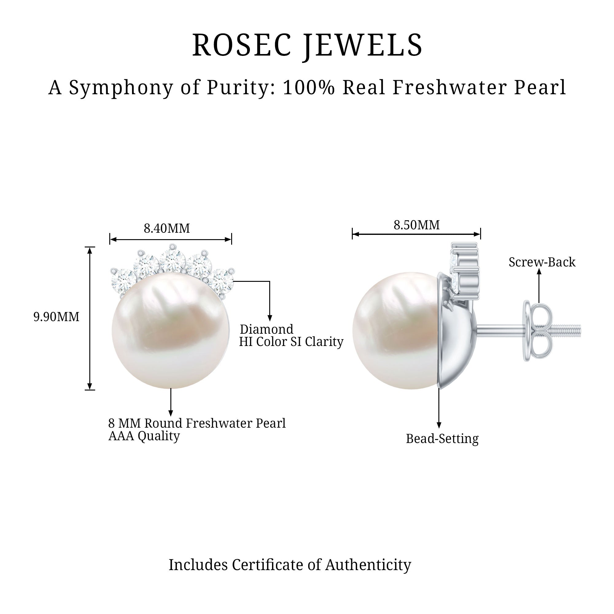 Real Freshwater White Pearl Stud Earrings with Diamonds AAA - Rosec Jewels