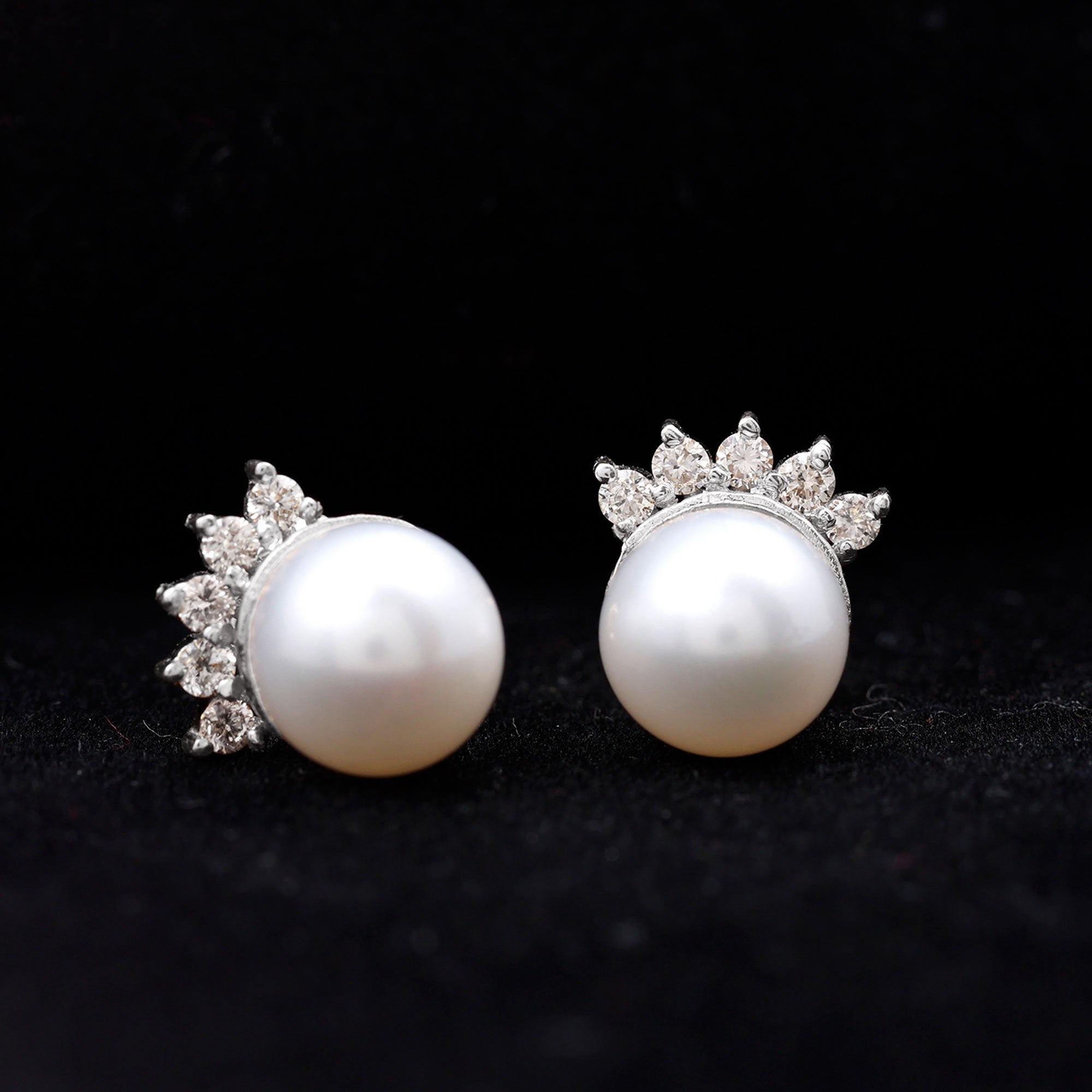 Real Freshwater White Pearl Stud Earrings with Diamonds AAA - Rosec Jewels