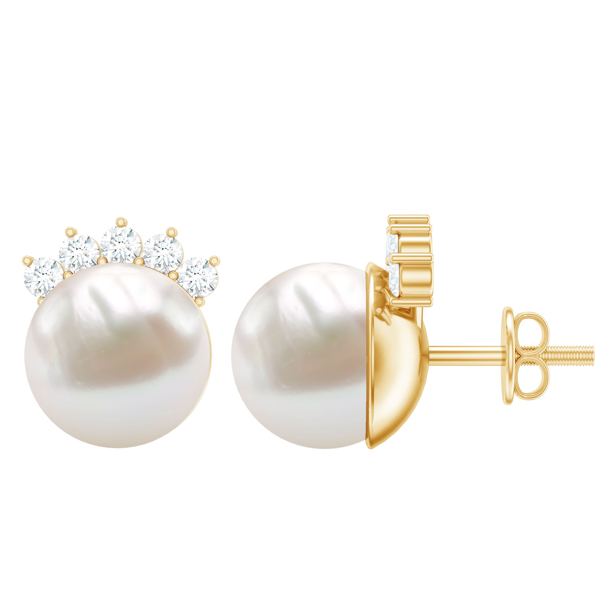 Real Freshwater White Pearl Stud Earrings with Diamonds AAA - Rosec Jewels