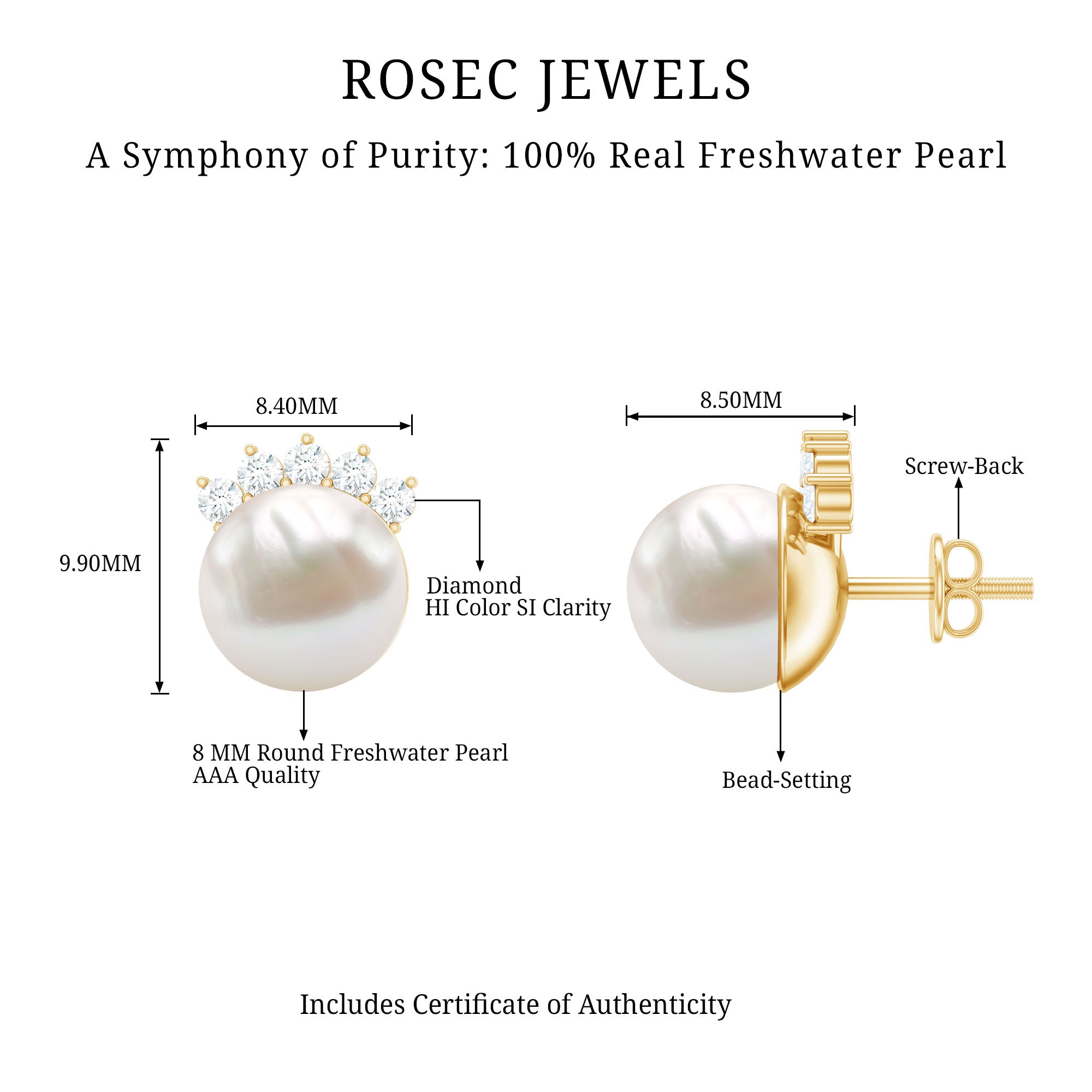 Real Freshwater White Pearl Stud Earrings with Diamonds AAA - Rosec Jewels