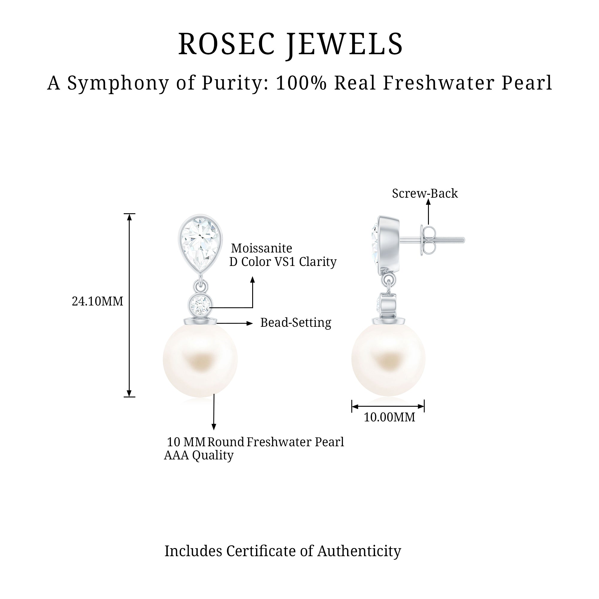 Real Freshwater Pearl and Moissanite Drop Earrings AAA - Rosec Jewels