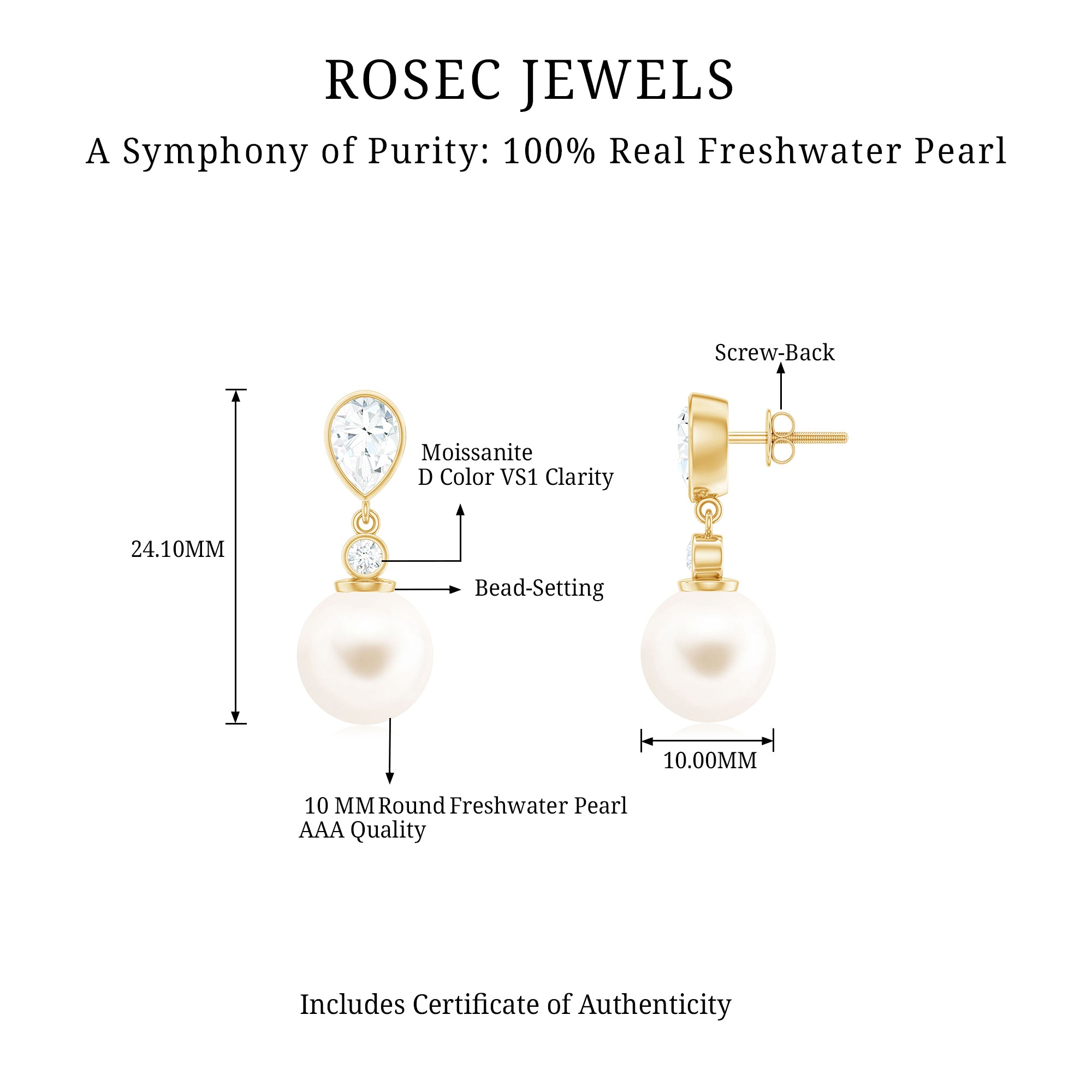 Real Freshwater Pearl and Moissanite Drop Earrings AAA - Rosec Jewels