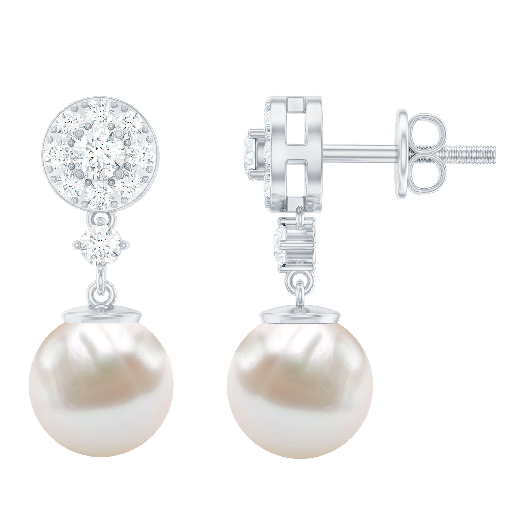 Genuine 6 Carat Freshwater Cultured Pearl Drop Earrings with Diamonds AAA - Rosec Jewels