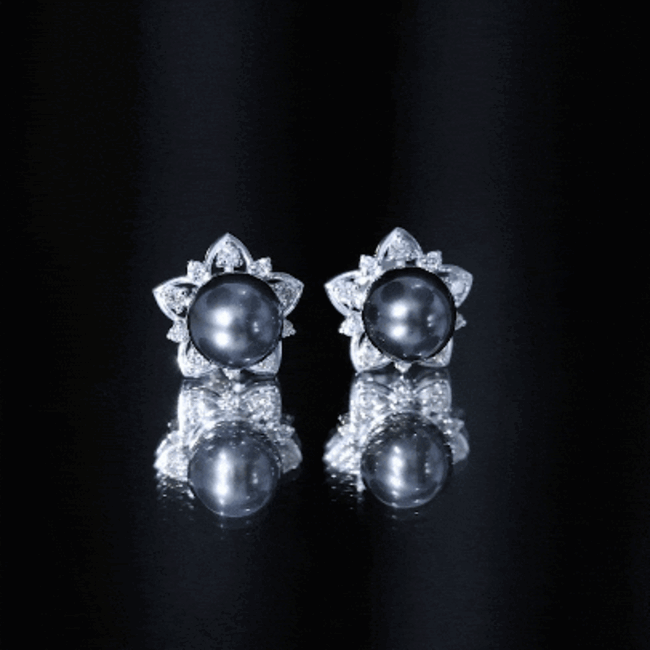 Genuine Tahitian Black Pearl and Diamond Flower Stud Earrings AAA - Rosec Jewels