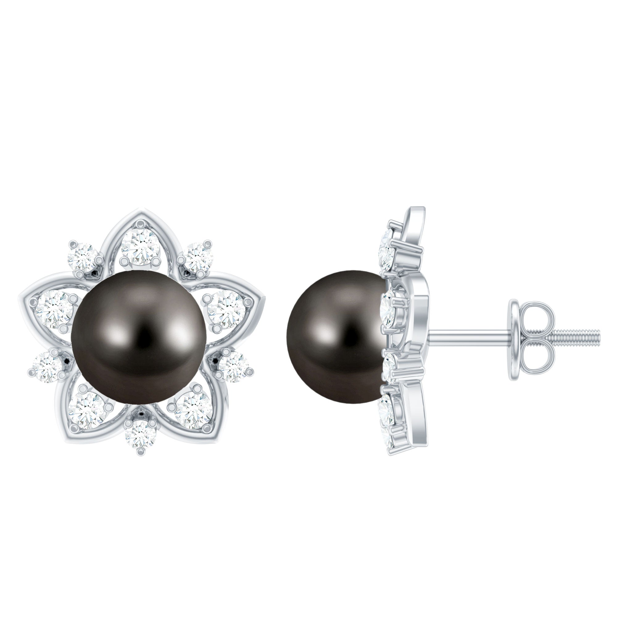 Genuine Tahitian Black Pearl and Diamond Flower Stud Earrings AAA - Rosec Jewels