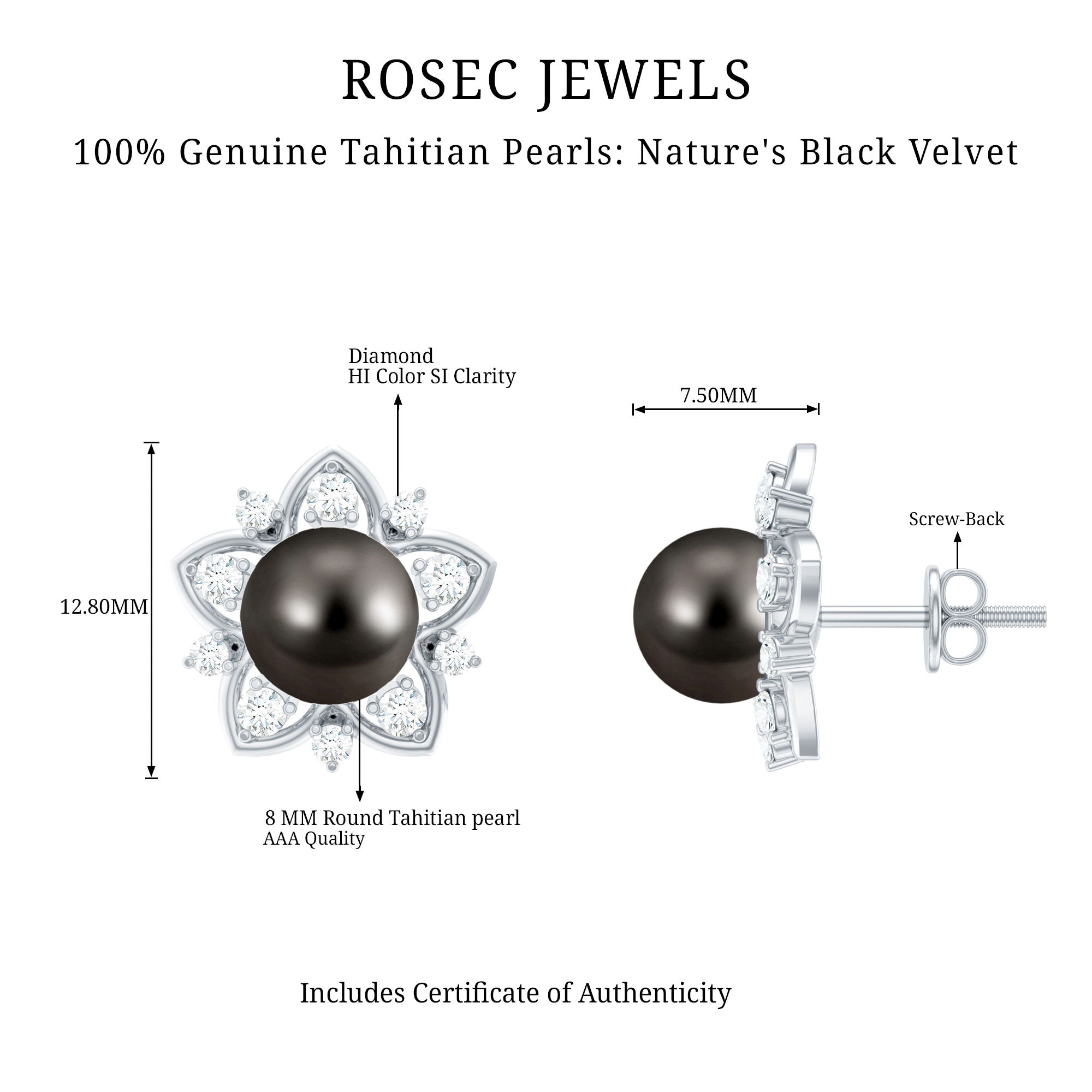 Genuine Tahitian Black Pearl and Diamond Flower Stud Earrings AAA - Rosec Jewels