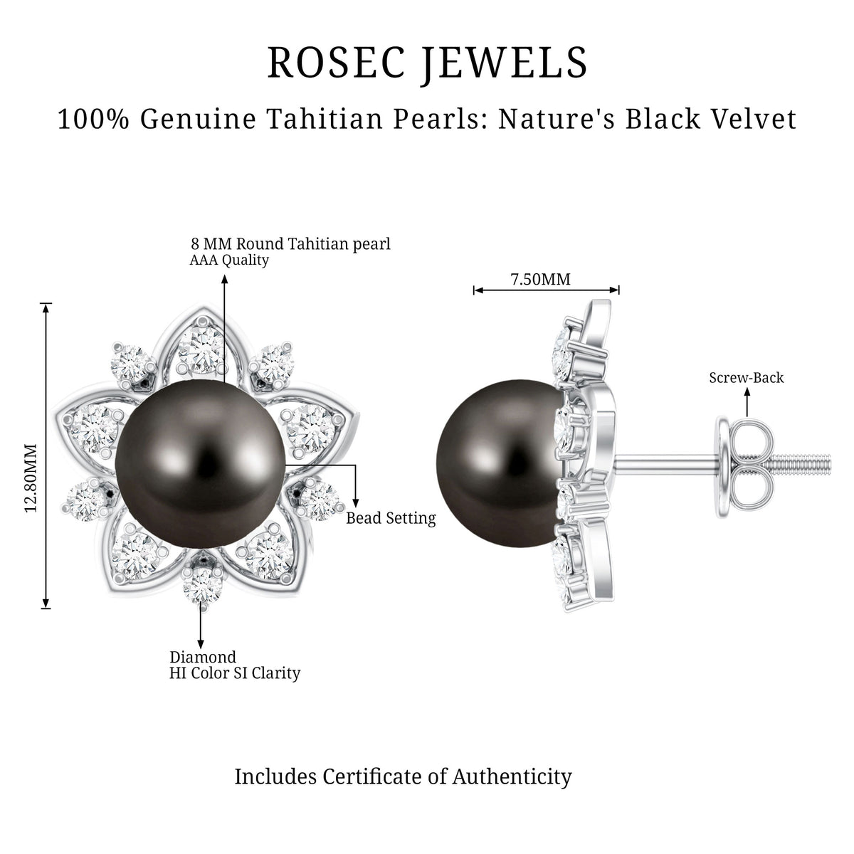 Genuine Tahitian Black Pearl and Diamond Flower Stud Earrings AAA - Rosec Jewels